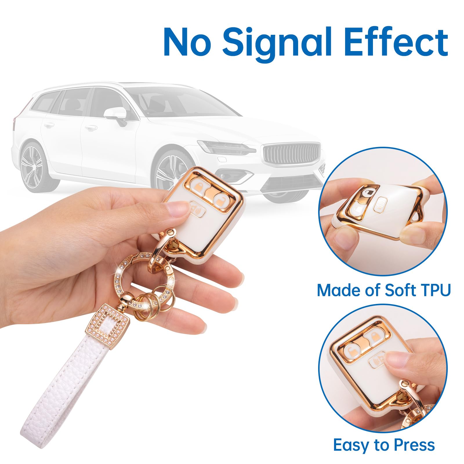 Cacarlike Ford Key Fob Cover With Ford Keychain, 1998-2010 F150 F250 F350 F450 F550 Smart Key Protector, White+Gold