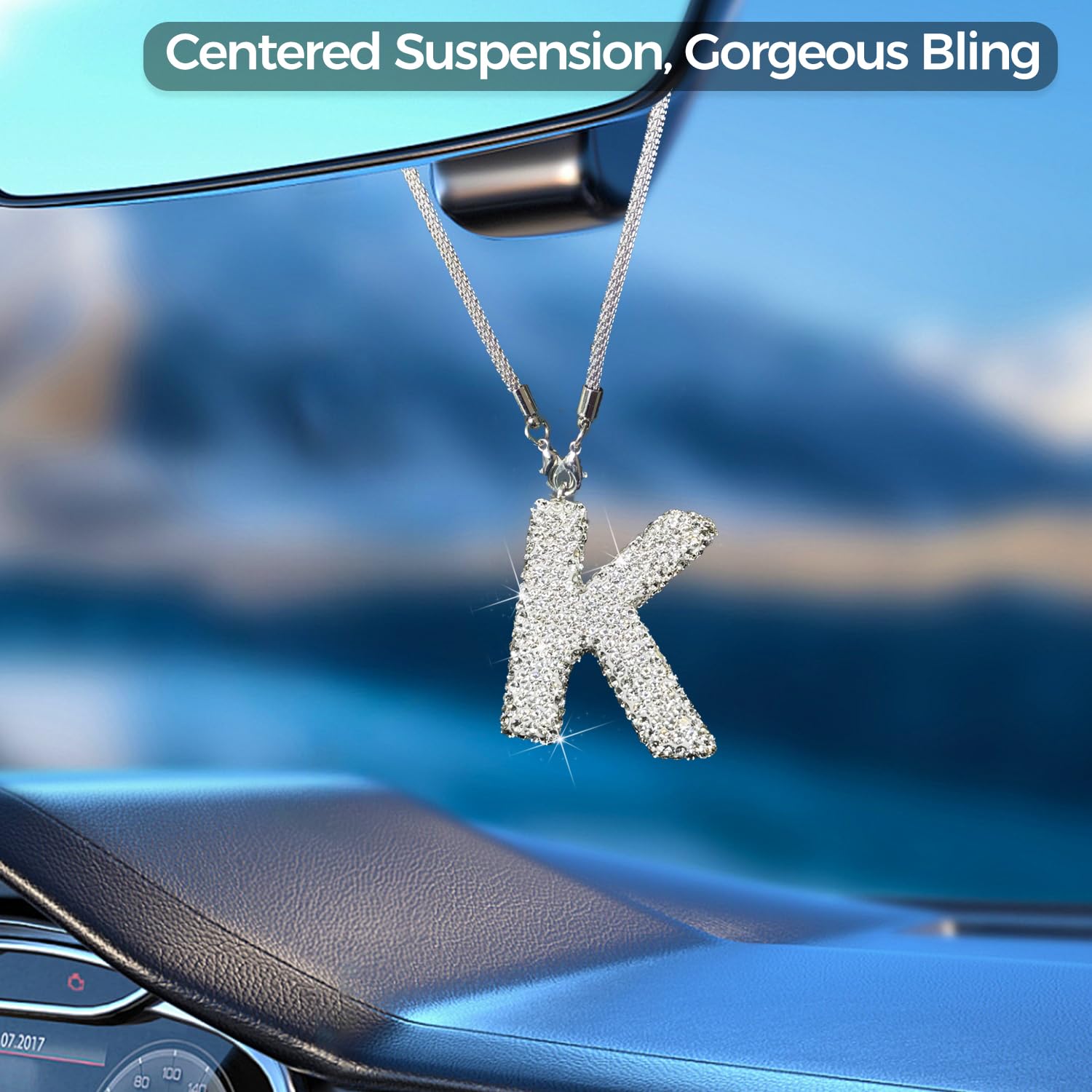 Bling Car Letter Charm, Rear View Mirror Ornament Cute Hanging Crystal Pendant Bling Car Accessories, Lucky Diamond Rhinestone W