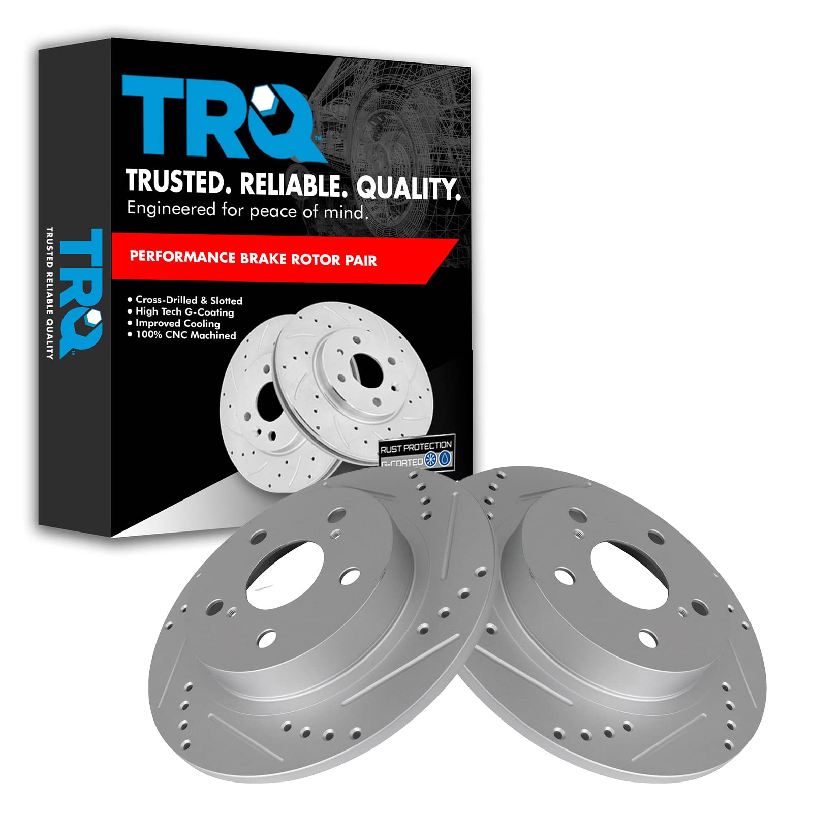 Trq Rear Performance Brake Rotors Set Solid Premium G-Coated Cross Drilled & Slotted Compatible With 2011-2016 Scion Tc