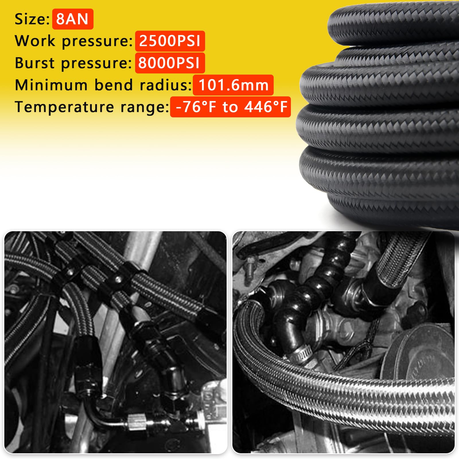Medoon 8AN PTFE Fuel Line Kit, 13/32'' Nylon Stainless Steel Braided, LS Swap EFI E85 Injection Fuel Hose Fitting AN8 26FT