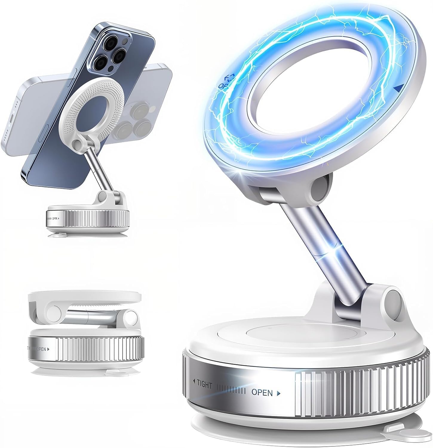Supadaa Metallic Magnetic Phone Mount Dashboard Holder 360 Swivel Vacuum Suction Foldable Adjustable Stand for Gym Mirror Wall U