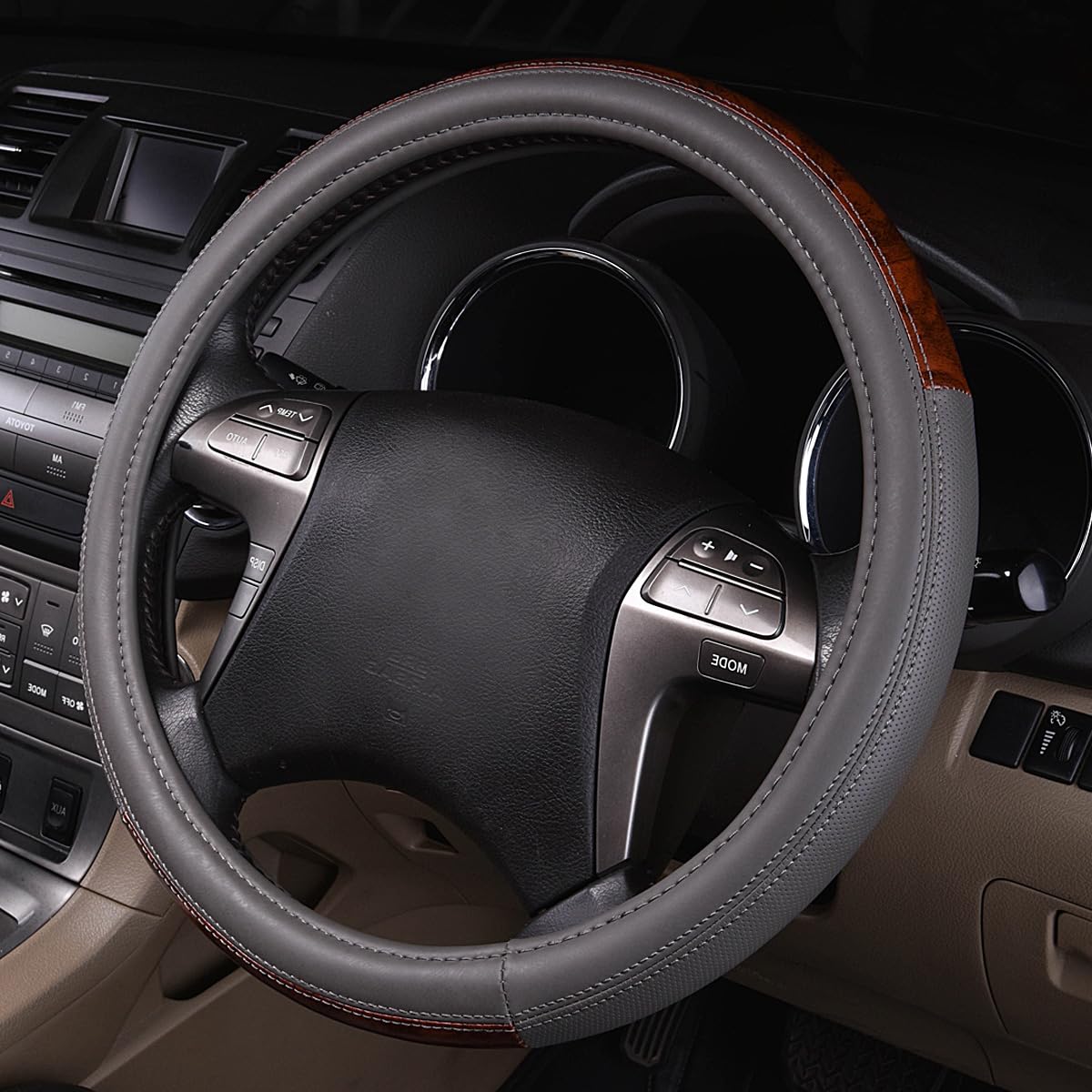 Car Pass Wood Grain Microfiber Leather Steering Wheel Cover, Universal Fit For 14 1/2-15 Inch Gray Steering Wheel, Anti-Slip Vei