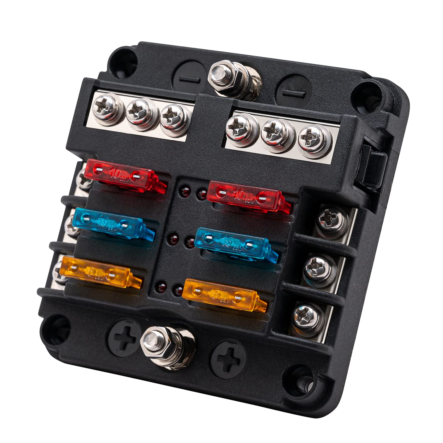 Knfrxo 6 Way Fuse Block, 12 Volt Waterproof Boat Fuse Panel With Led Warning Indicator Damp-Proof Cover, Compatible With Car Motorcycle Rv Truck Marine Golf Cart, Dc 12-24V, 12 Pcs Fuse Included