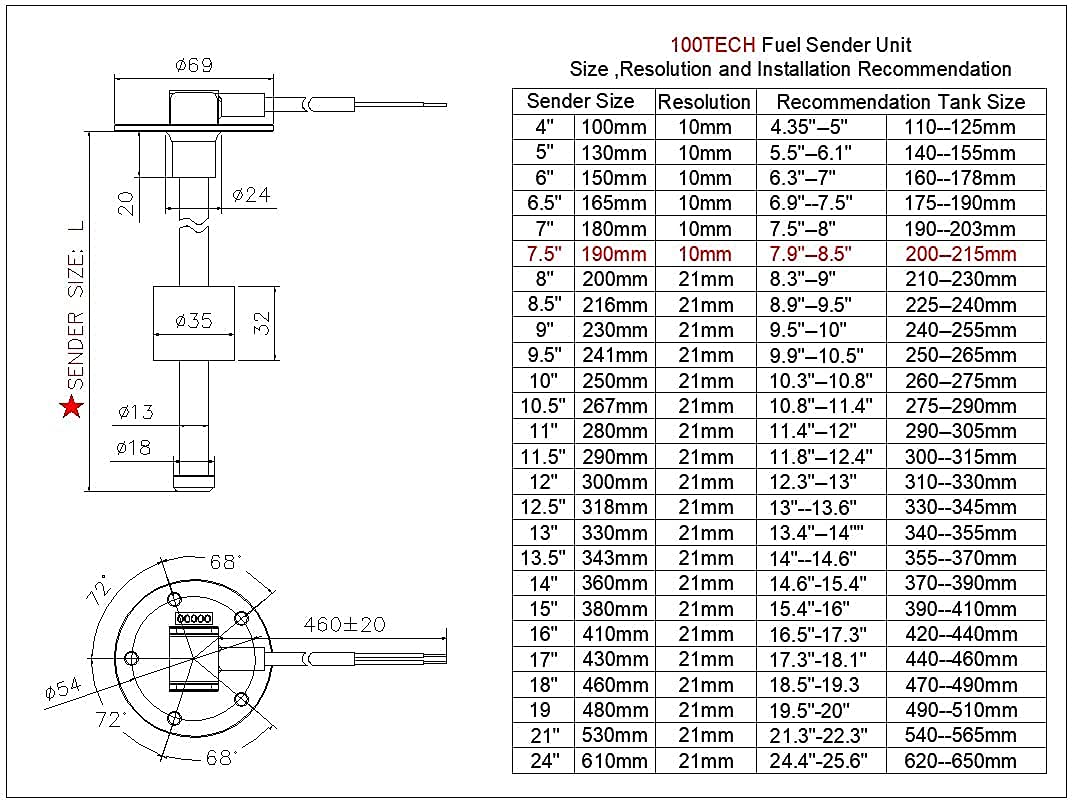 100TECH Marine Fuel Sending Unit 7.5''(190mm) 240-33ohms Boat Fuel Tank Sender Unit RV Gas Gauge Water Level Sensor