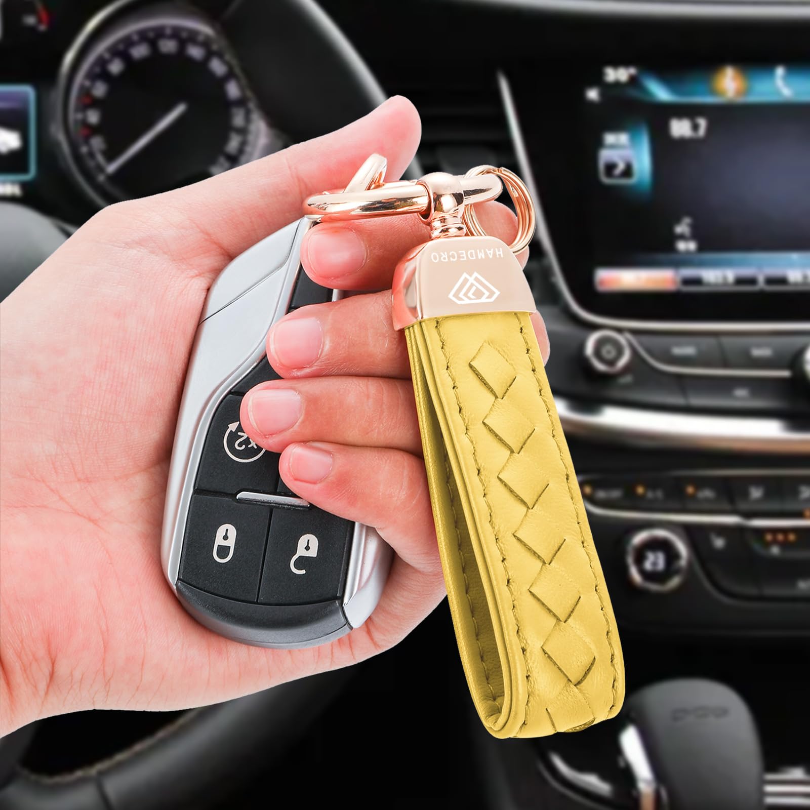 Genuine Leather Keychains, Handmade Knit Sheepskin Car Key Chains For Women, Universal Key Fob Holder With 360 Degree Rotatable,