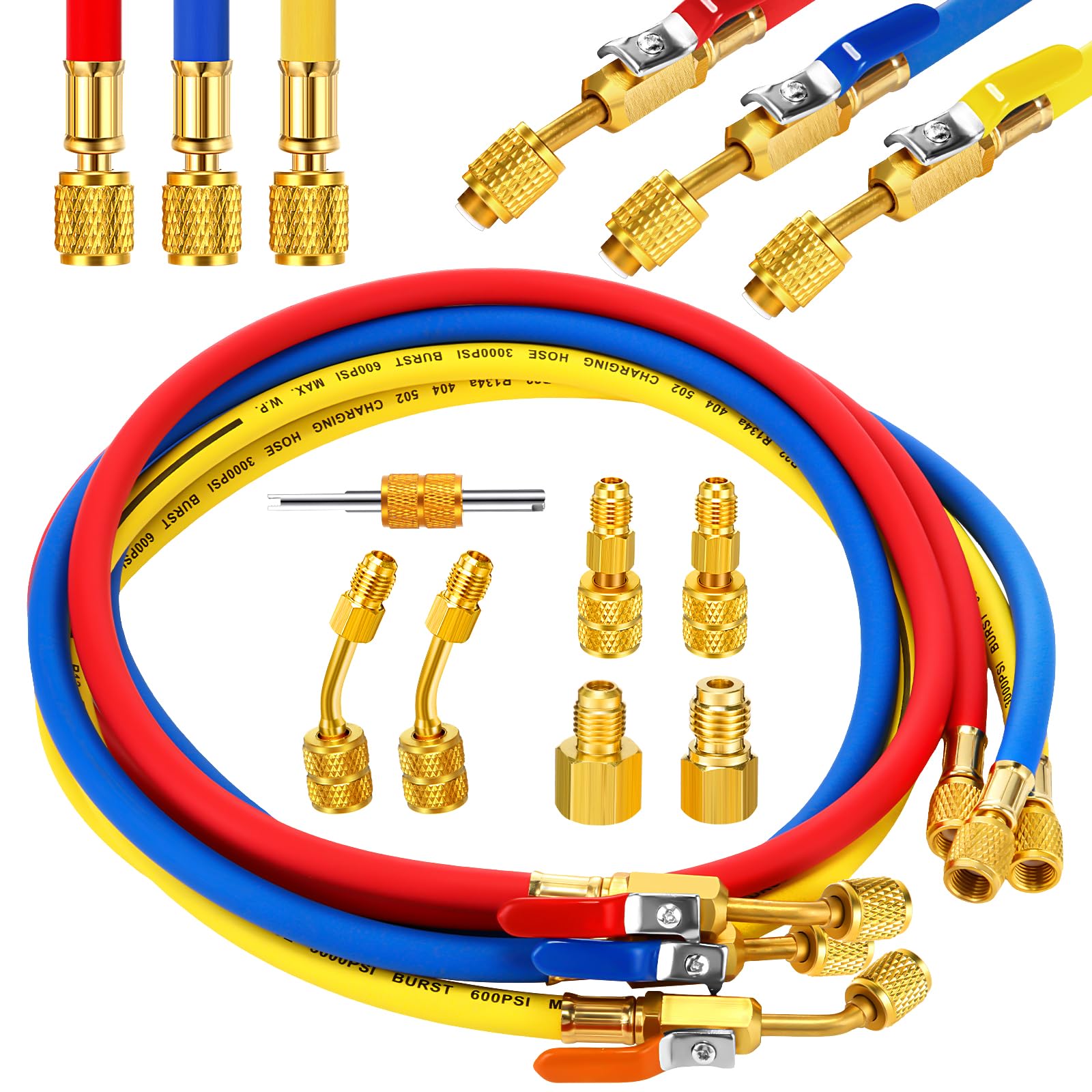 Innconee 10 Pcs AC Manifold Gauge Hose with R410a Mini Split Adapter Tank Adapter Refrigerant Charging Hose for R134a R410a R404