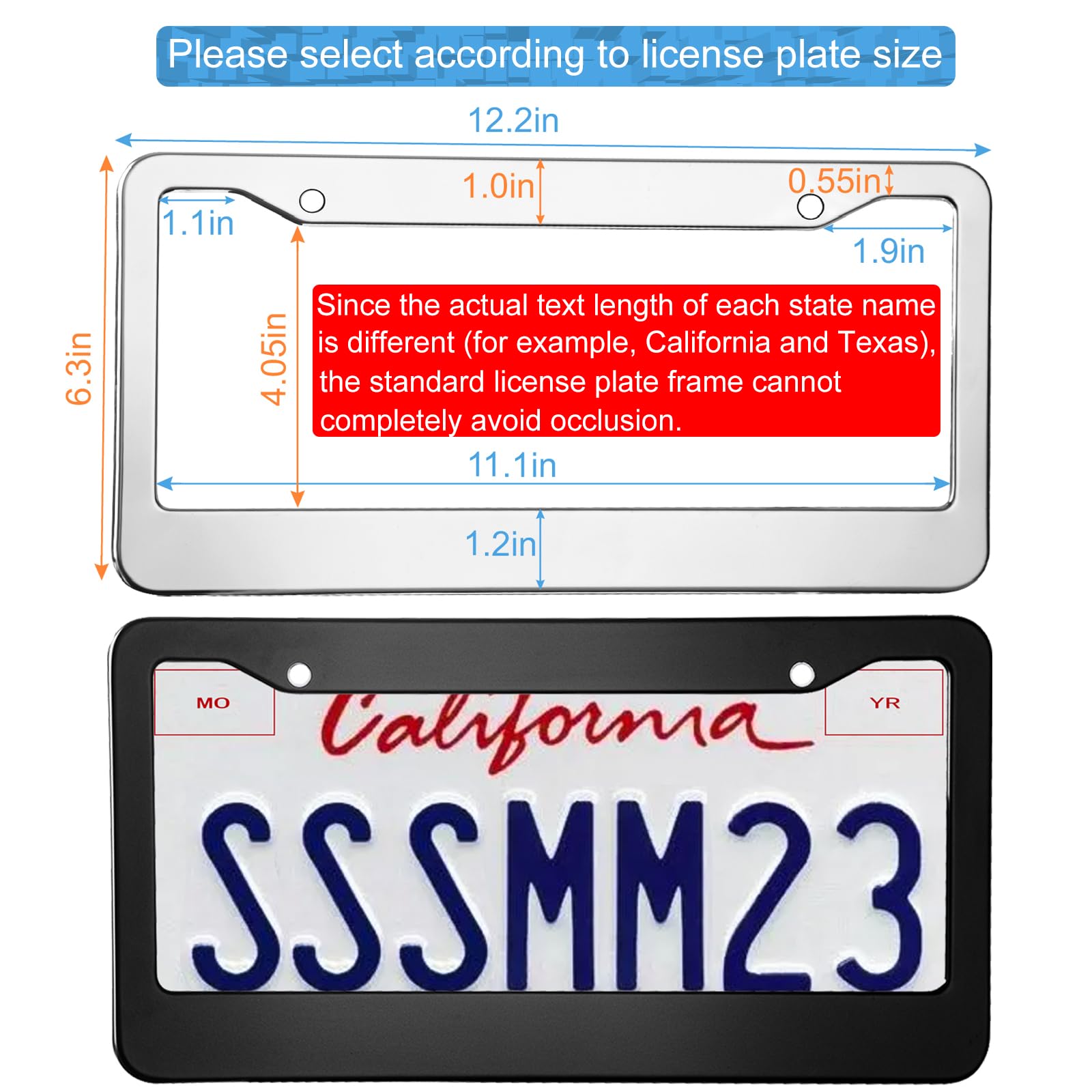 2Pcs Chrome License Plate Frame, 2 Holes Silver Stainless Steel License Plate Frames, Universal Car License Plate Holder For Man