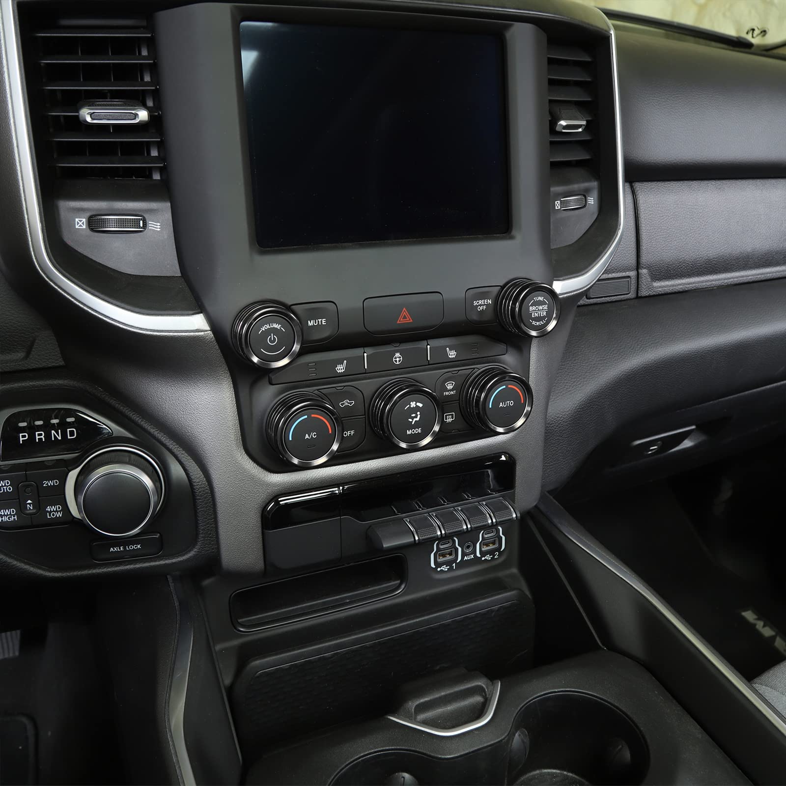 Voodonala for Dodge RAM Aluminum Center Console AC Radio Switch Knob Cover for 2018-2025+ Dodge RAM, 5pcs Black