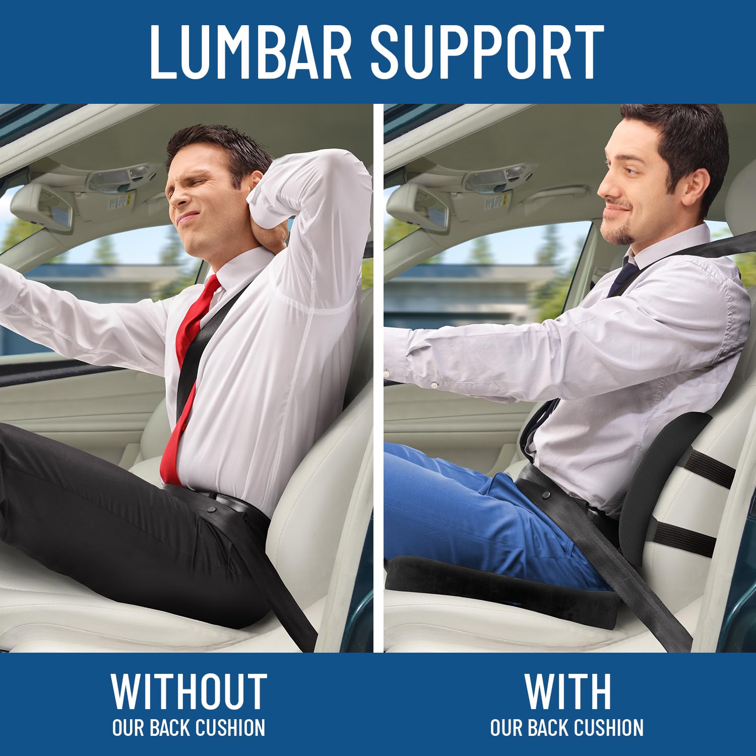 Everlasting Comfort Gel Infused Lumbar Support Pillow & Seat Cushion For Car Combo - Car Seat Cushions For Driving, Work - Ergon