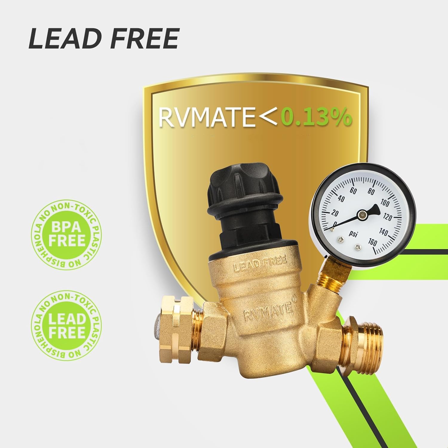 Rvmate Rv Water Pressure Regulator With Adjustable Knob, Brass Lead-Free Water Pressure Reducer Kit, Adjustable Valve With Inlet