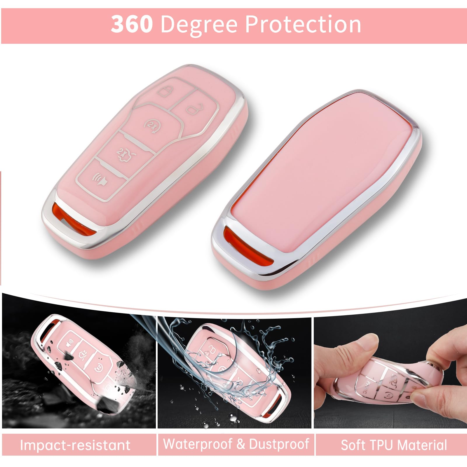 Pangpai Pink Car Accessories 3 Pcs For Ford F-150 Explorer Mustang Edge Lincoln Mkz Mkx Mkc Key Fob Cover With Bling Keychain Cu