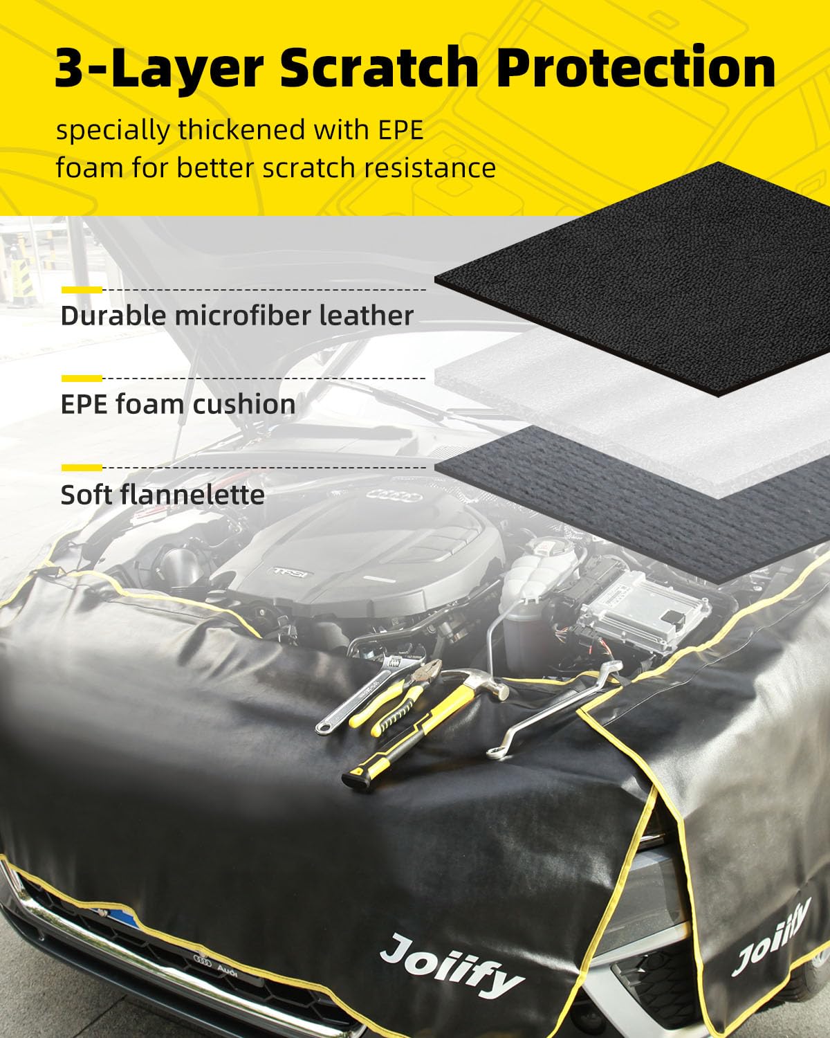 Joiify Thicker Fender Covers for Mechanics with 25 Stronger Magnets & Hooks, 3 Pcs Car Fender Protector Mat, Size Large
