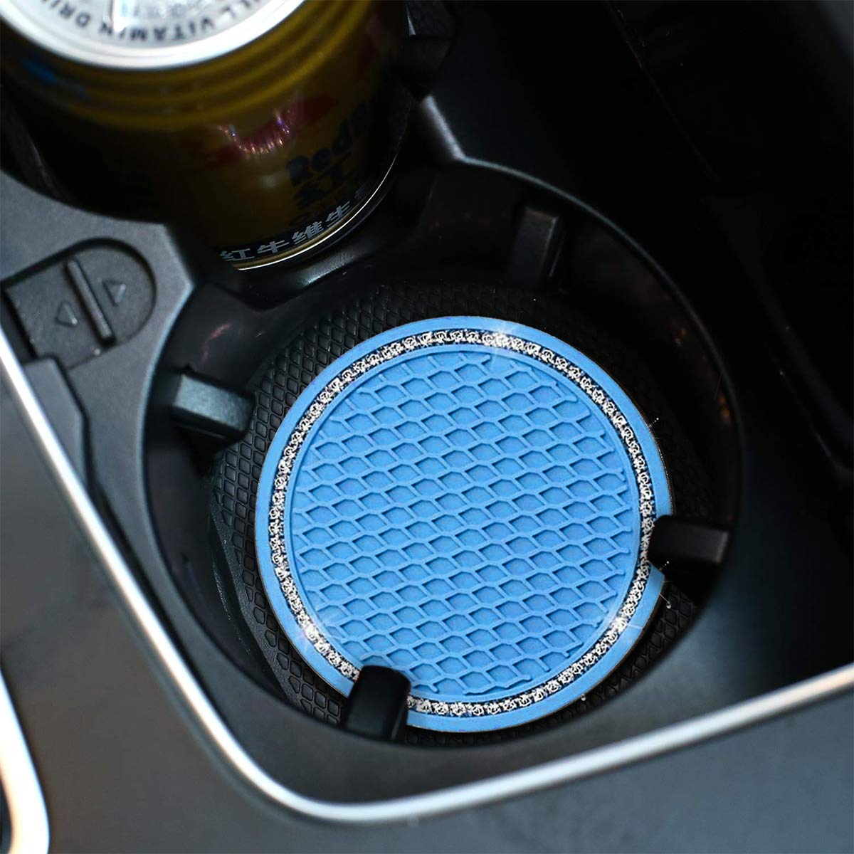 2Pcs Universal Bling Car Cup Coaster,Rhinestone Car Accessories 2.75 Inch Car Cup Holder Insert Mat Pad Set,Suitable For Most Car Interior (Blue)