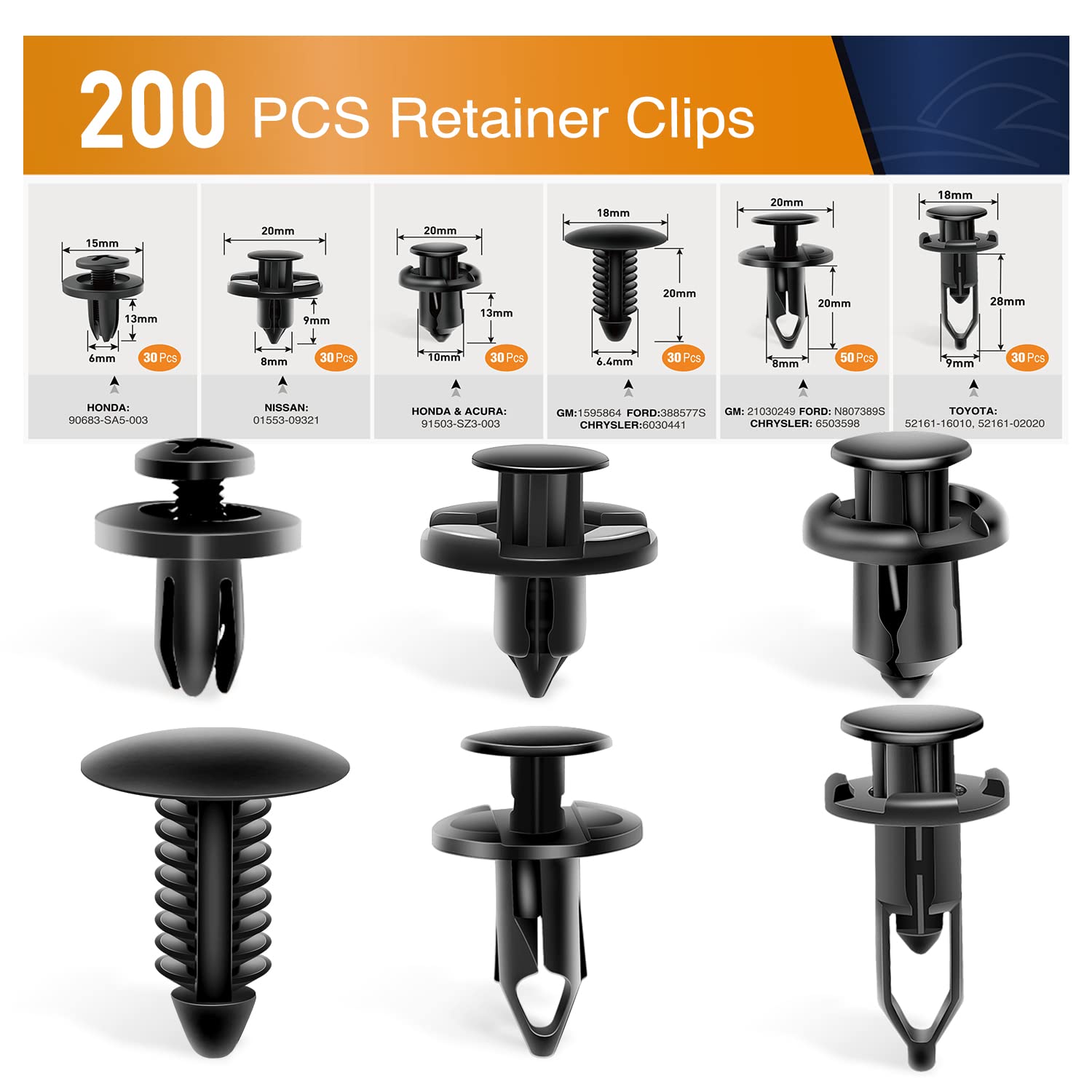 GOOACC Universal Plastic Fender Clips,200 Pcs Push Bumper Fastener Rivet Clips with 6 Size Auto Body Retainer Clips Bumpers,Car 