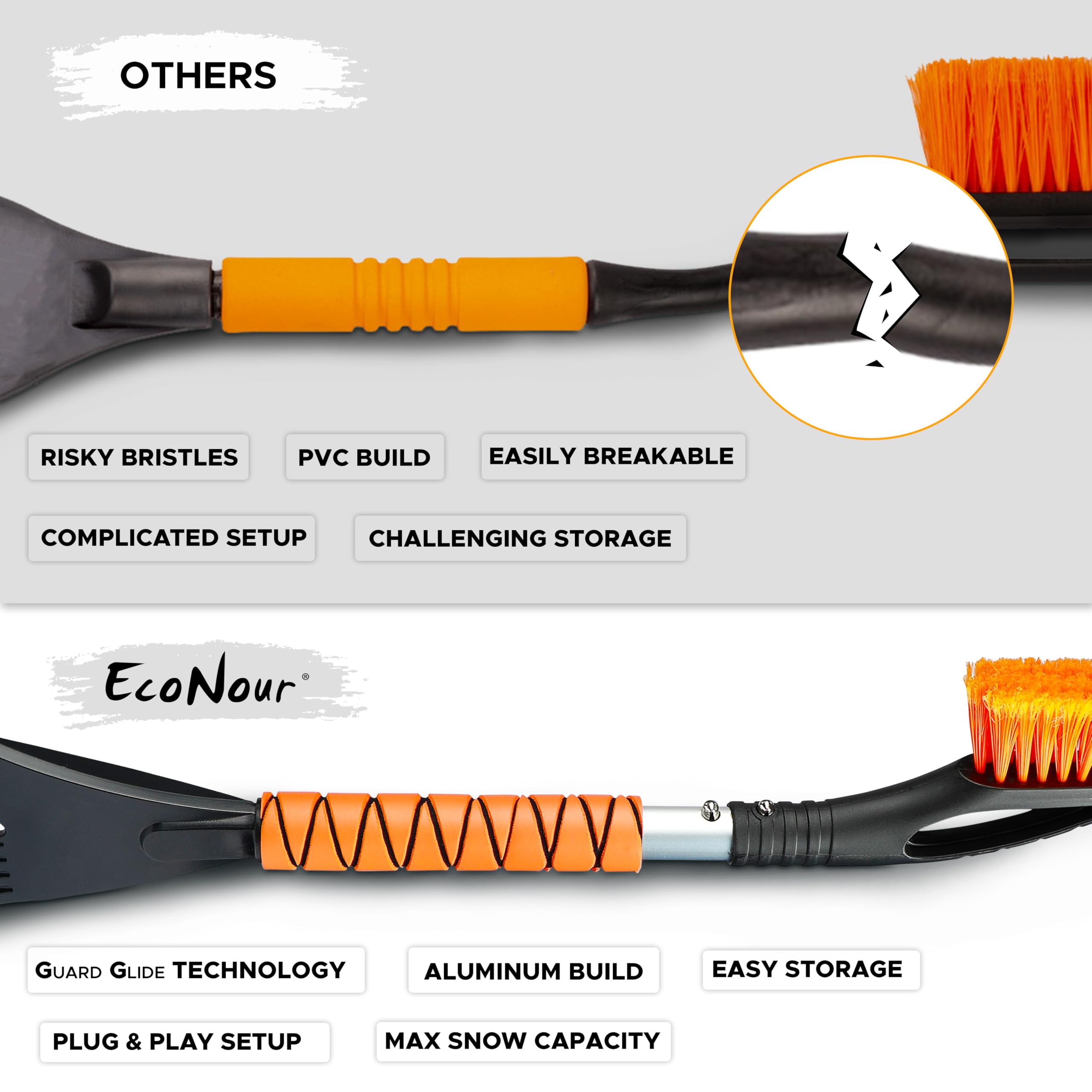 Econour 27'' Car Snow Brush And Ice Scrapers For Car Windshield (Orange - 2 Pack) | Scratch Free Bristle Head Snow Brush & Tough