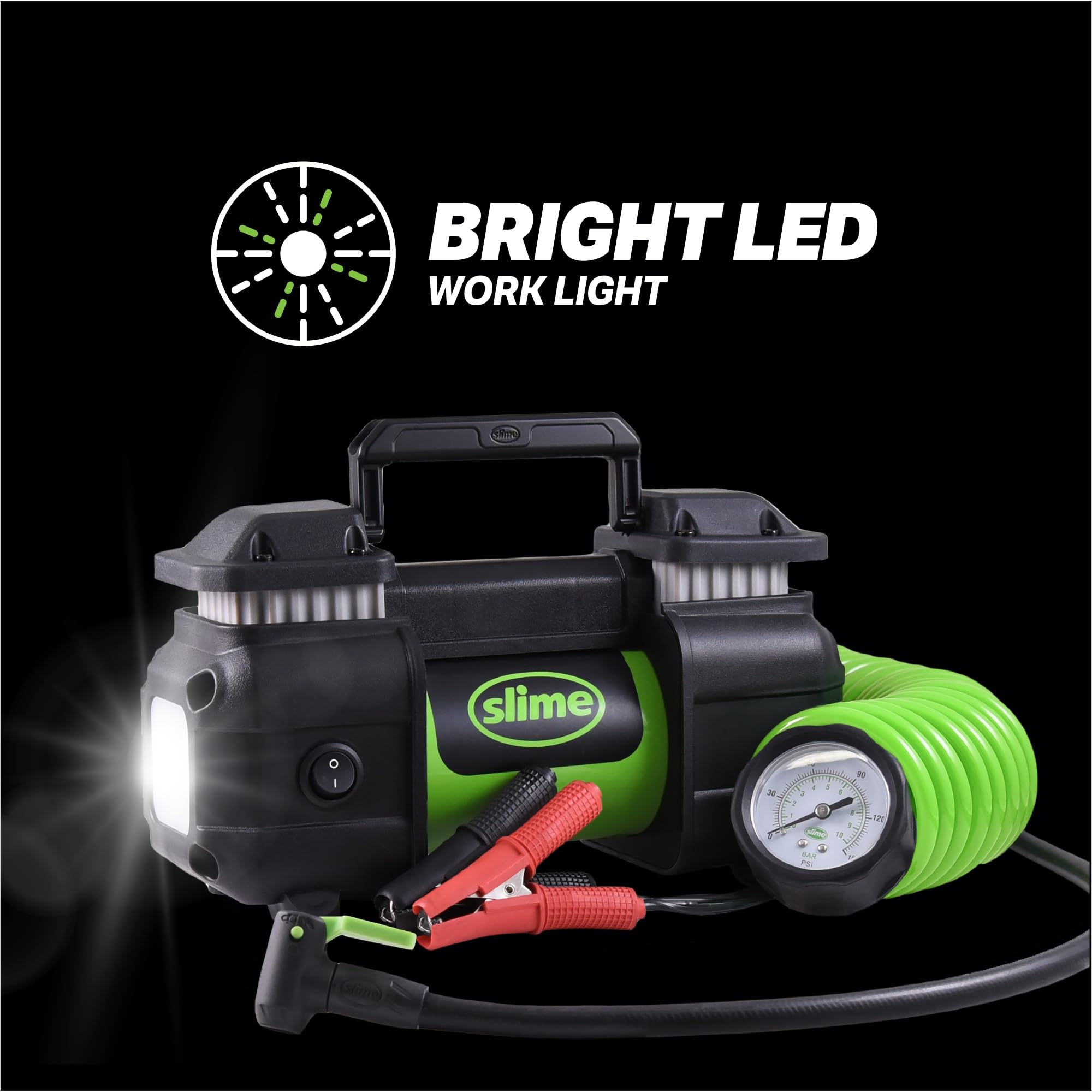 Slime 40026 Tire Inflator, Portable Car, SUV, 4x4 Air Compressor, Heavy Duty, 2x Pro Power, Heavy Duty, with Analog 150 psi Dial Gauge