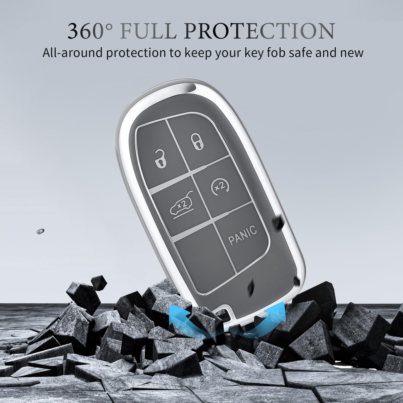 OFFCURVE Key Fob Cover with Keychain for Jeep Dodge, TPU Key Cover Case for Jeep Grand Cherokee Renegade Chrysler 200 300 Dodge