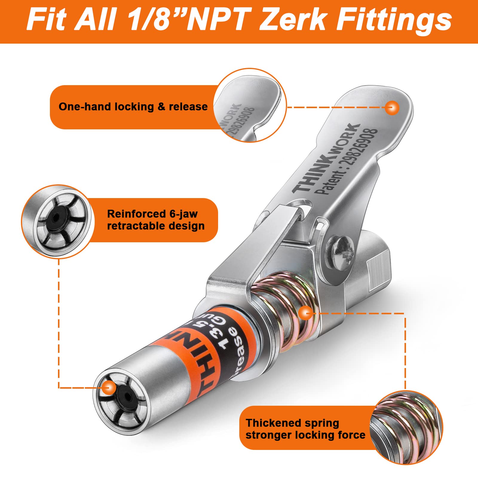 Grease Gun Coupler, Strong Lock on Greases Gun Couplers with 12 '' Spring Flex Hose, Cleaning Tool, 12000 PSI Quick Release Grea
