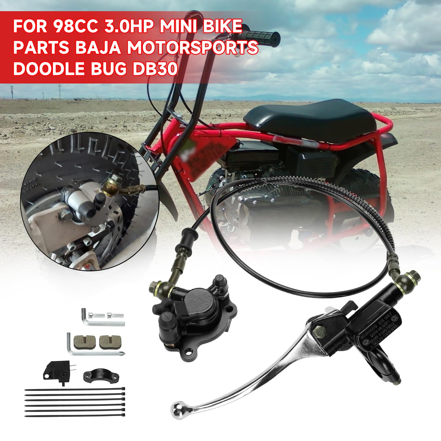 GREHUA Upgraded Hydraulic Disc Hand Brake Master Cylinder Caliper with Brake Pad Assembly 50 Inch Hose for 98cc 3.0HP Baja Hensi