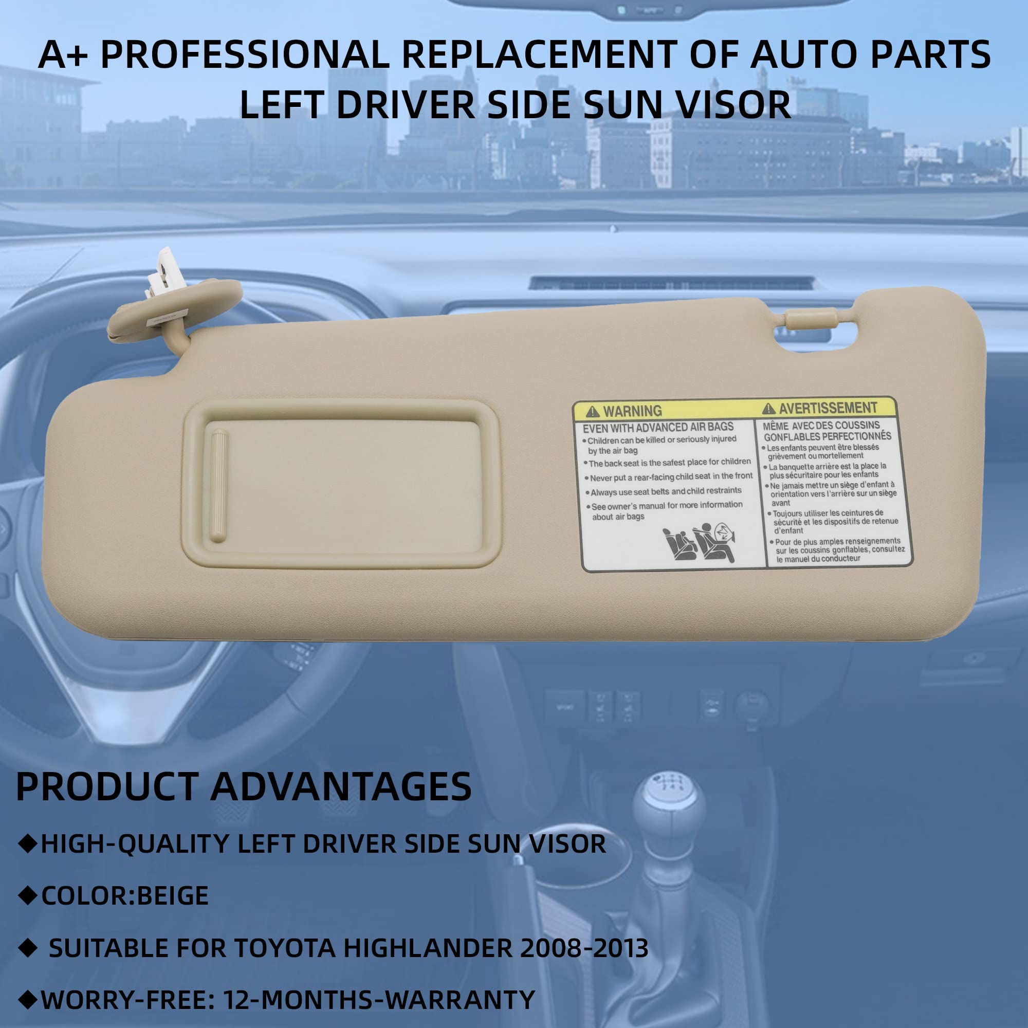 Dasbecan Front Left Driver Side Sun Visor With Light Compatible With Toyota Highlander 2008-2013 74320-48180-E0 (Beige)