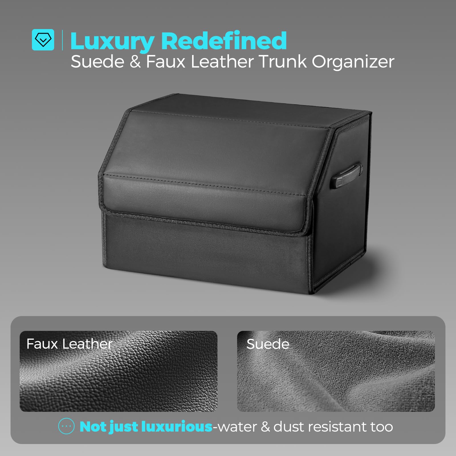 Fyzeoty Car Organizers For Trunk For Suv Sedan, Leather Storage Box,Magnetic Lid,Collapsible And Adjustable,16.5 Inches