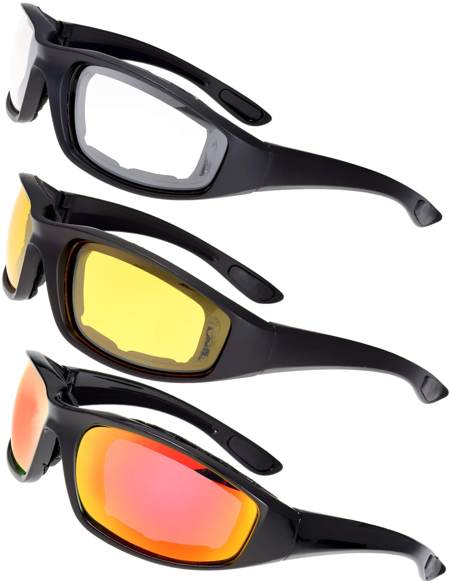 The Fresh Motorcycle Riding Glasses Padded Frame Lens Block 100% UVB for Outdoor Activity Sport (1407-Matte Black, Clear, Yellow