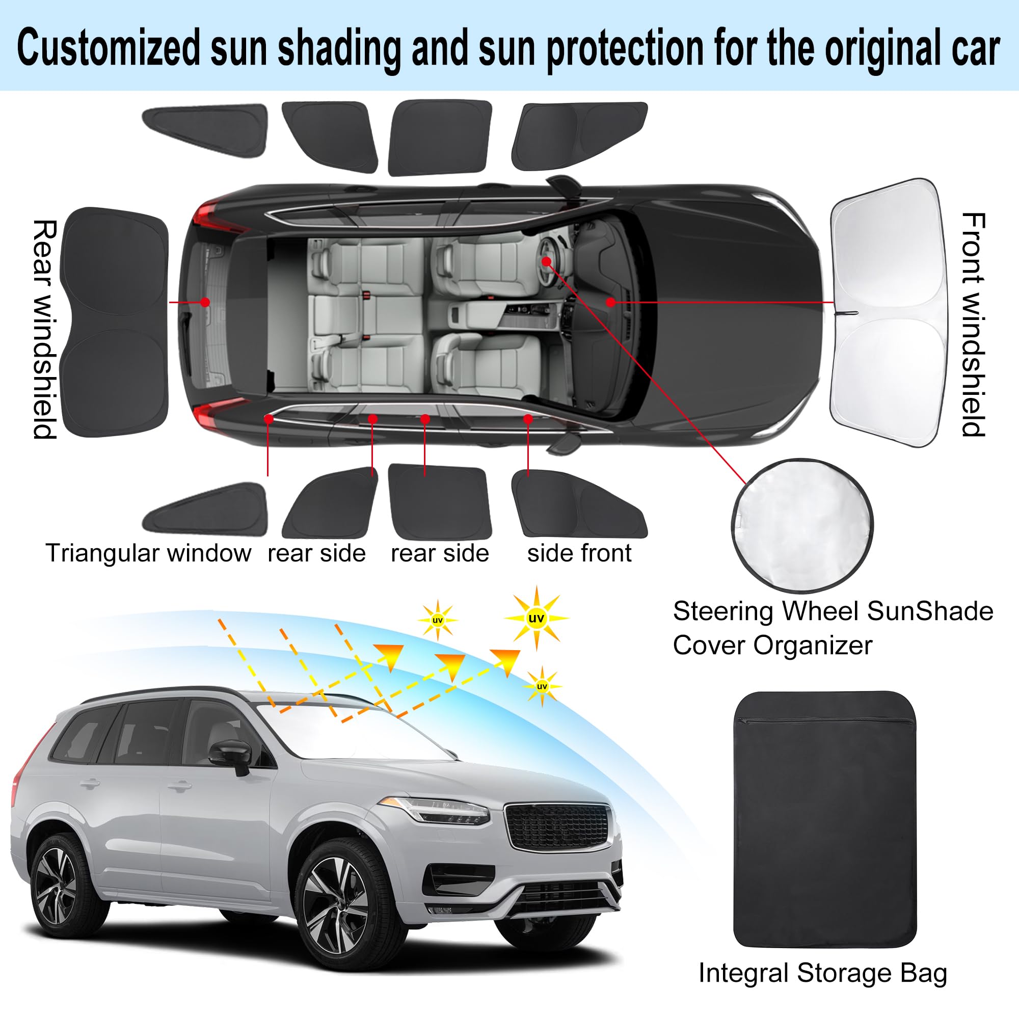 TINGLU Window Shades for Volvo XC90 (2016-2024) - Black Polyester Sun Shade & UV Protection, 10PCS