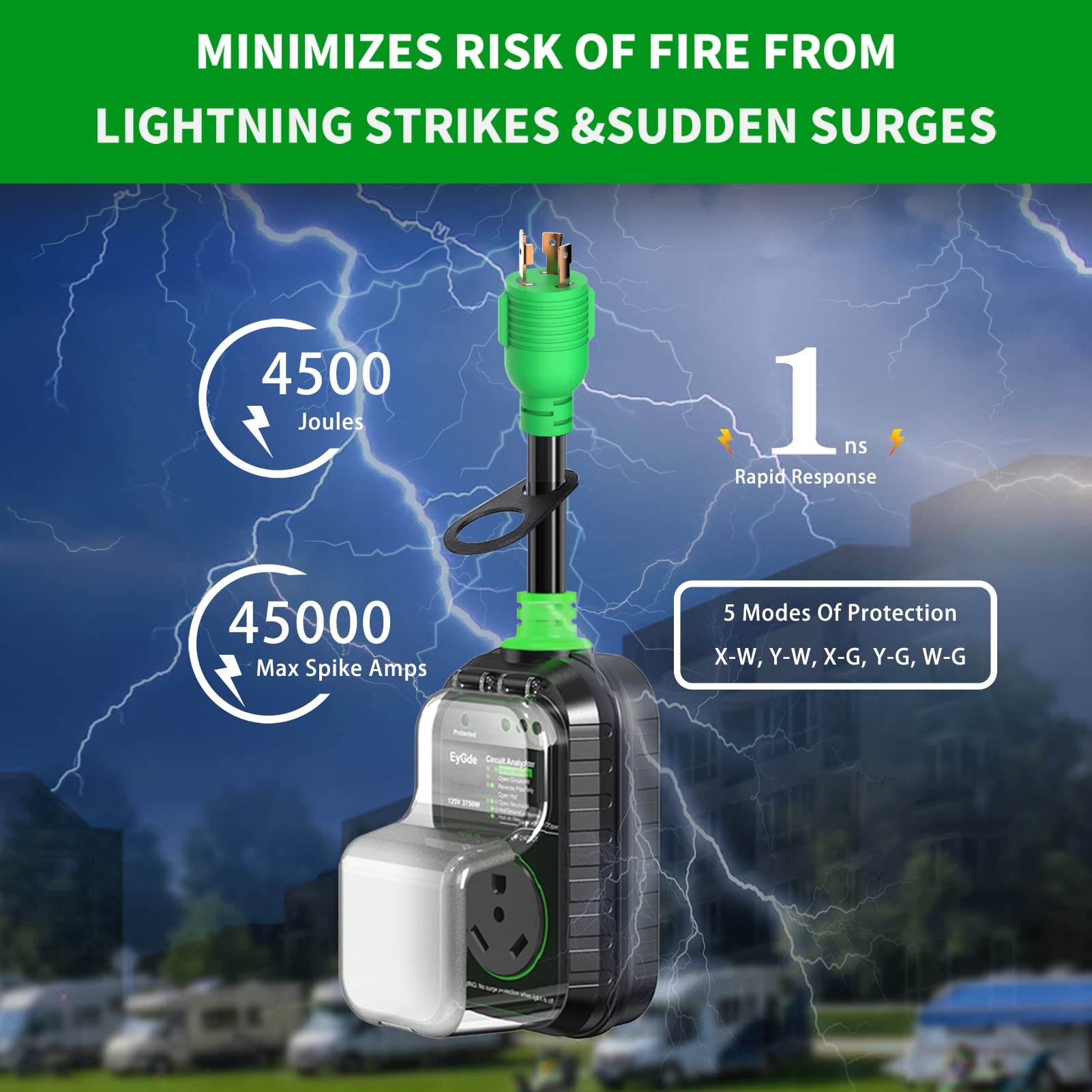 Eygde 4 Prong To 30 Amp Rv Generator Adapter, Patented Nema L14-30P Twist Lock Male Plug To Tt-30R Female Adapter With Surge, With Circuit Analyzer Led Indicator For Generator To Rv Trailer Camper