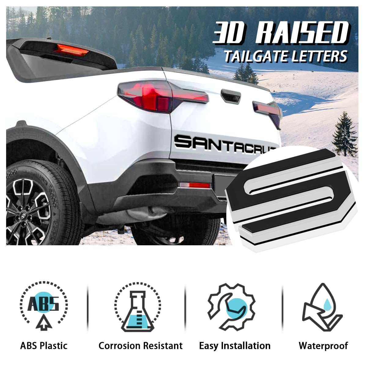 Tailgate Insert Letters Compatible For 2022 2023 2024 2025 Santa Cruz 4D Raised Tailgate Decal Letters (Double Layer Silver Edge