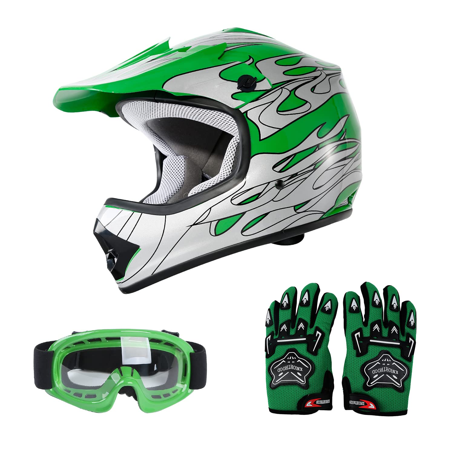 Slmoto Dot Youth Kids Helmet Motocross Offroad Street Helmet Motorcycle Helmet Dirt Bike Motocross Atv Green Flame Design Helmet+Goggles+Gloves