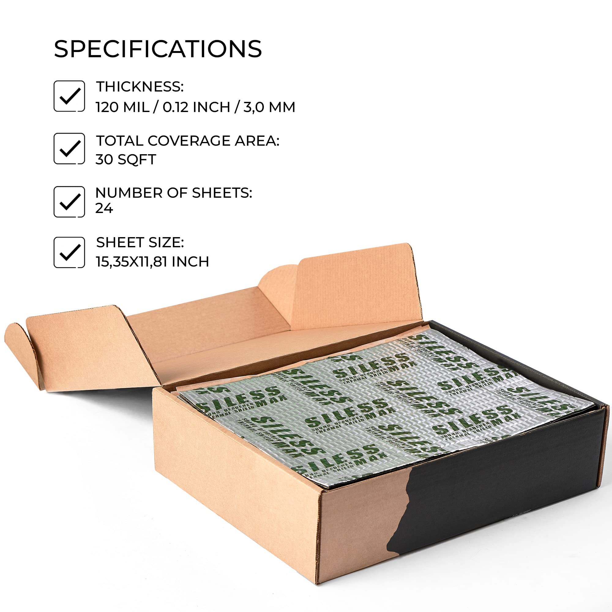 Siless Max 120 mil (3mm) 30 sqft Car Sound Deadening mat - Butyl Automotive Sound Deadener - Noise Insulation and Vibration Damp