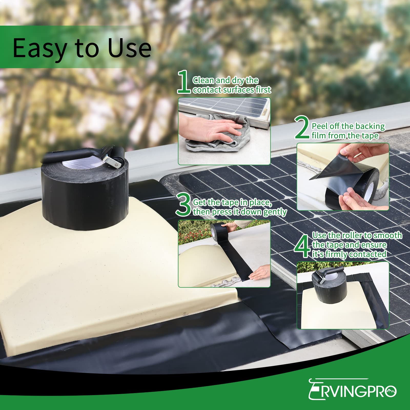 Rvingpro Rv Roof Tape Black With Roller, 4 Inch X 50 Feet Rv Tape For Roof Repair, Waterproof & Uv-Resistant Rv Roof Sealant Tape For Camper, Trailer, Boat Sealing