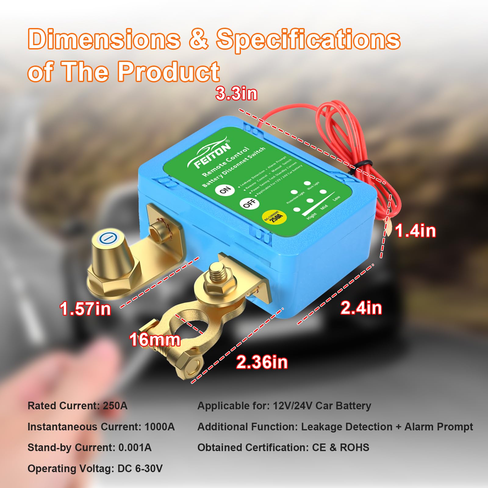 Feiton 250A Intelligent Remote Battery Disconnect Switch, Battery Cut Off Switch 12V 24V Dc, Heavy Duty For Car Rv Truck (1000A