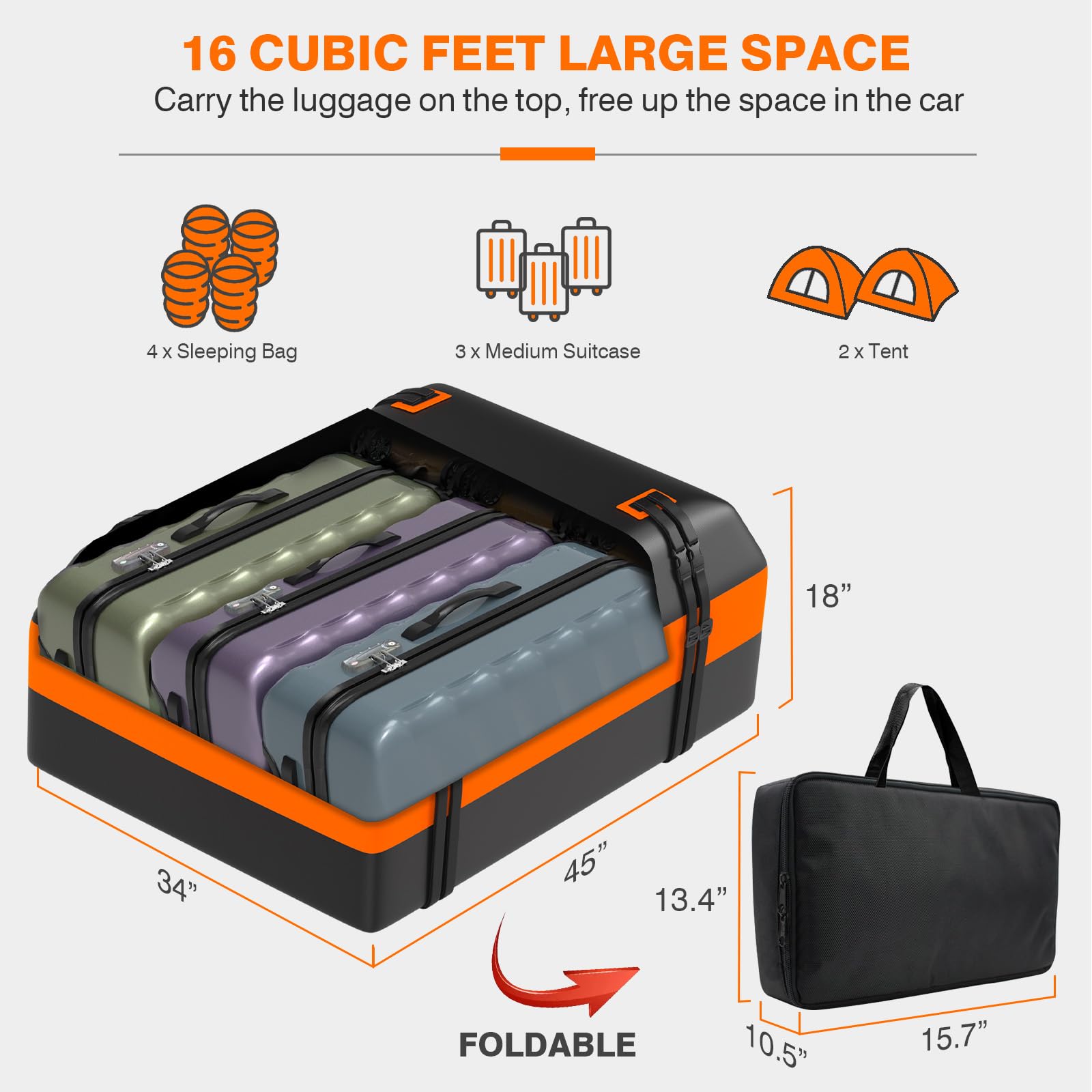 APTY Car Rooftop Cargo Bag Carrier, 16 Cubic Feet Soft Roof Top Luggage Bag for All Vechicles with/Without Racks - with Waterpro