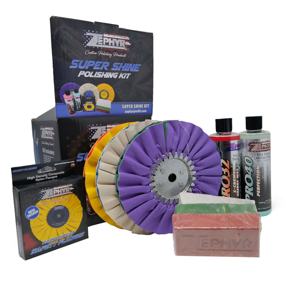 Zephyr Custom Polishing Products Super Shine Polishing Kit With 8" Polishing Wheels For Aluminum, Stainless On Semi Trucks, Polishing Aluminum Wheels