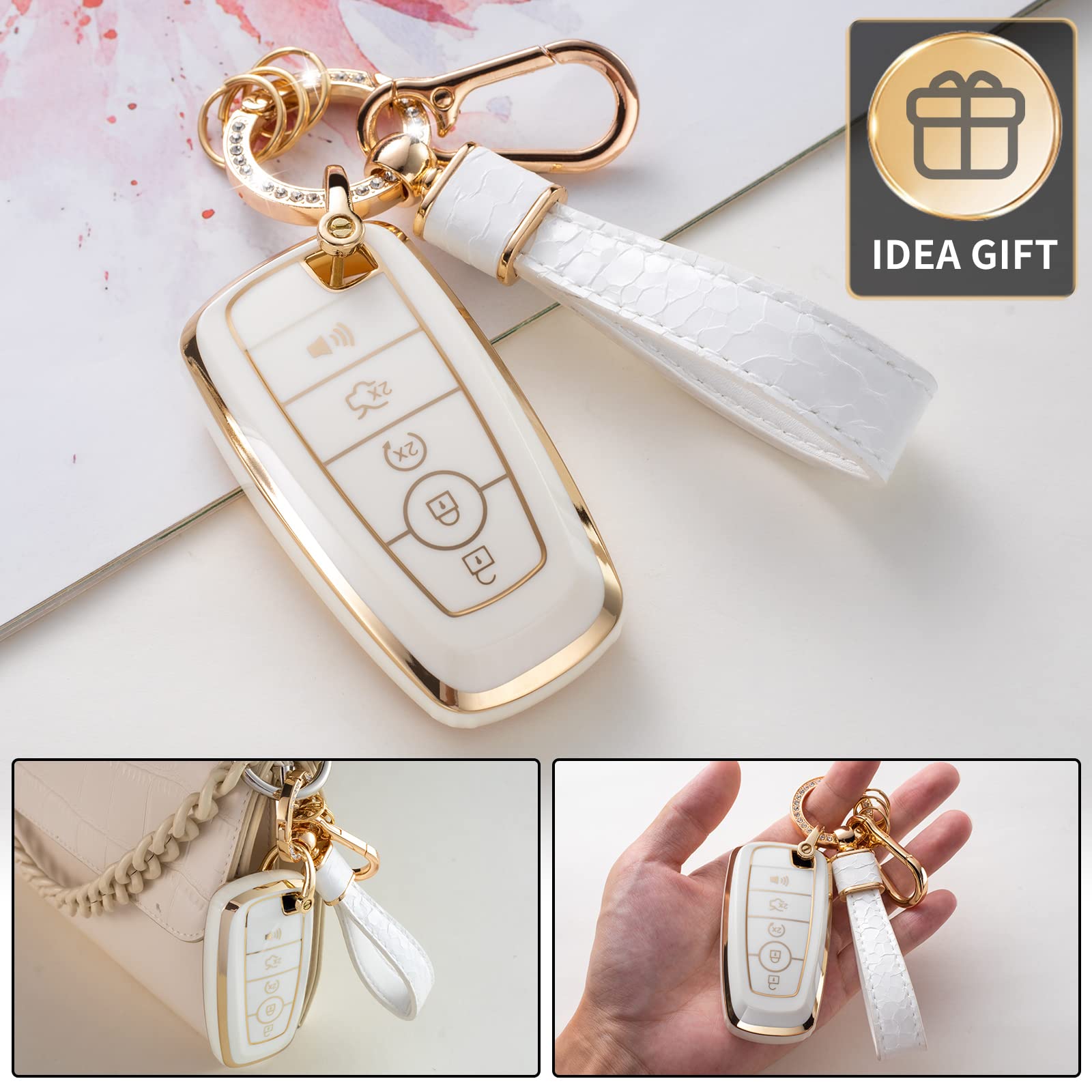 Cacarlike For Ford Key Fob Cover With Key Chain, Car Key Fob Case Compatible With Ford Edge Escape Expedition Explorer Fusion Mu