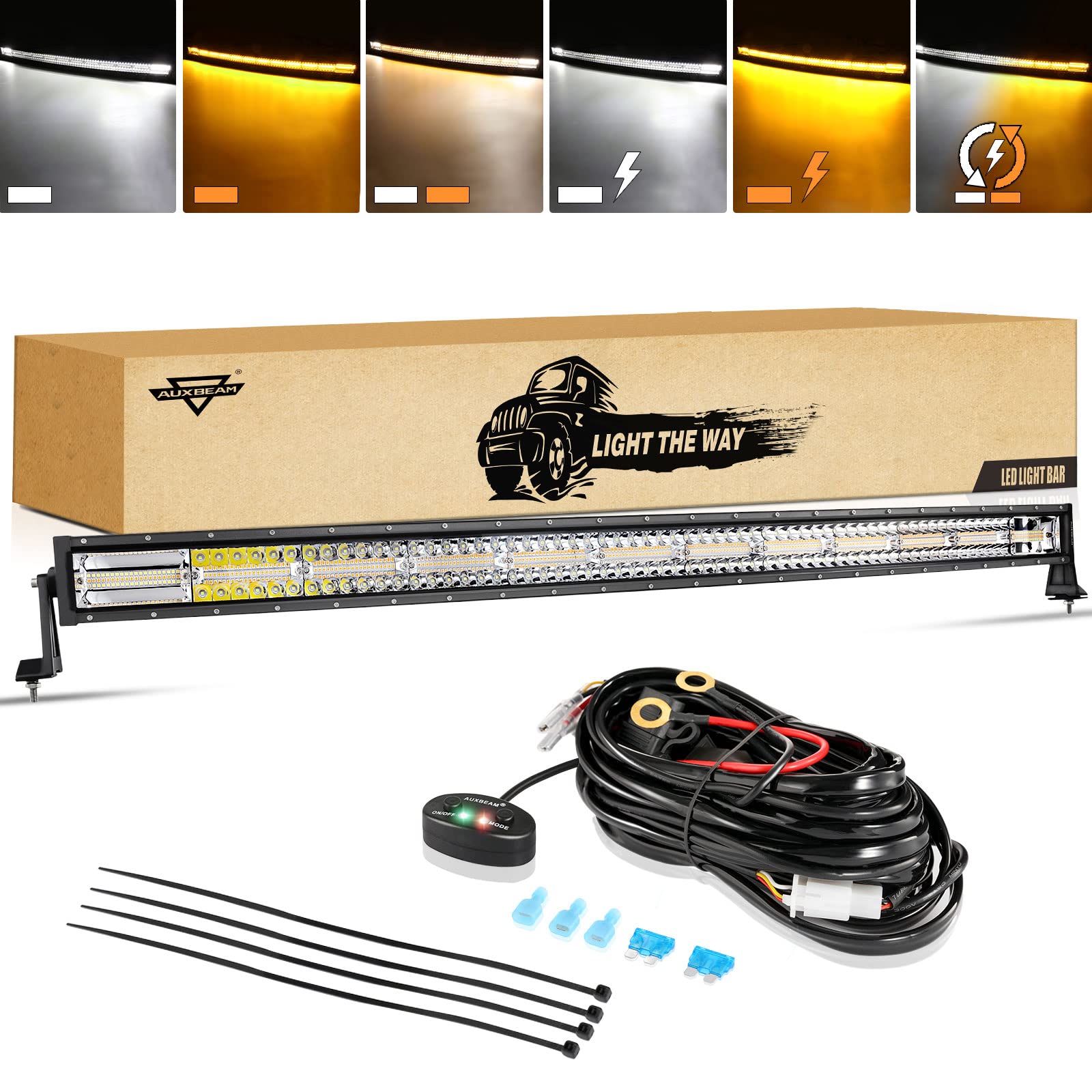 Auxbeam 50 Inch Led Light Bar, 288W Curved Amber White Strobe Lights, 6 Modes Spot Flood Combo Beam Fog Memory Reset Function Dr
