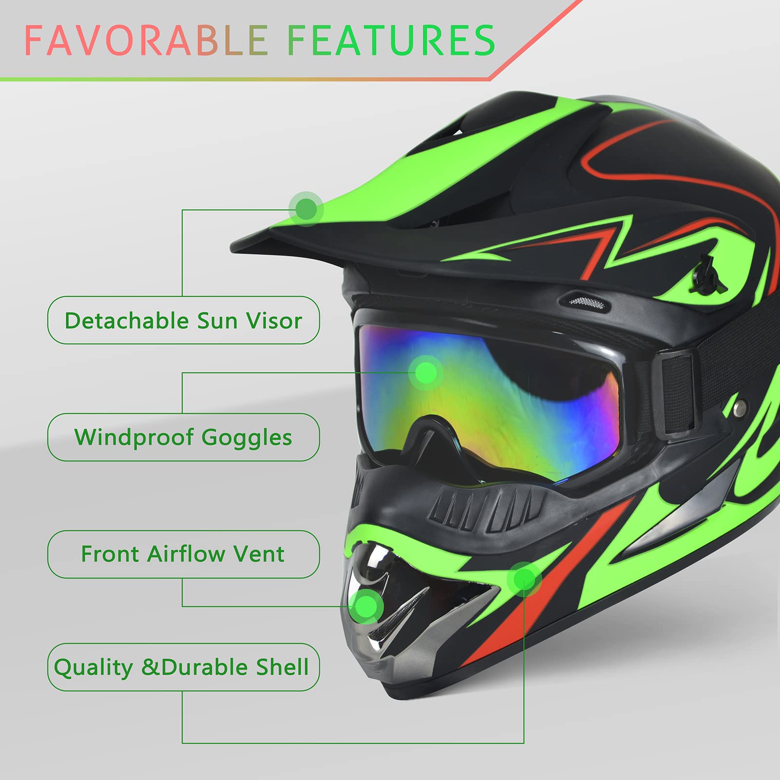 Sanqing Motocross Helmet Fashion Youth Adult Dirt Bike Helmet Unisex-Adult Dirt Bike Off-Road Mountain Bike Motorcycle Helmet Dot Approved (Gloves Goggles Face Shield) 4Pcs Set (Large, Blackgreen)