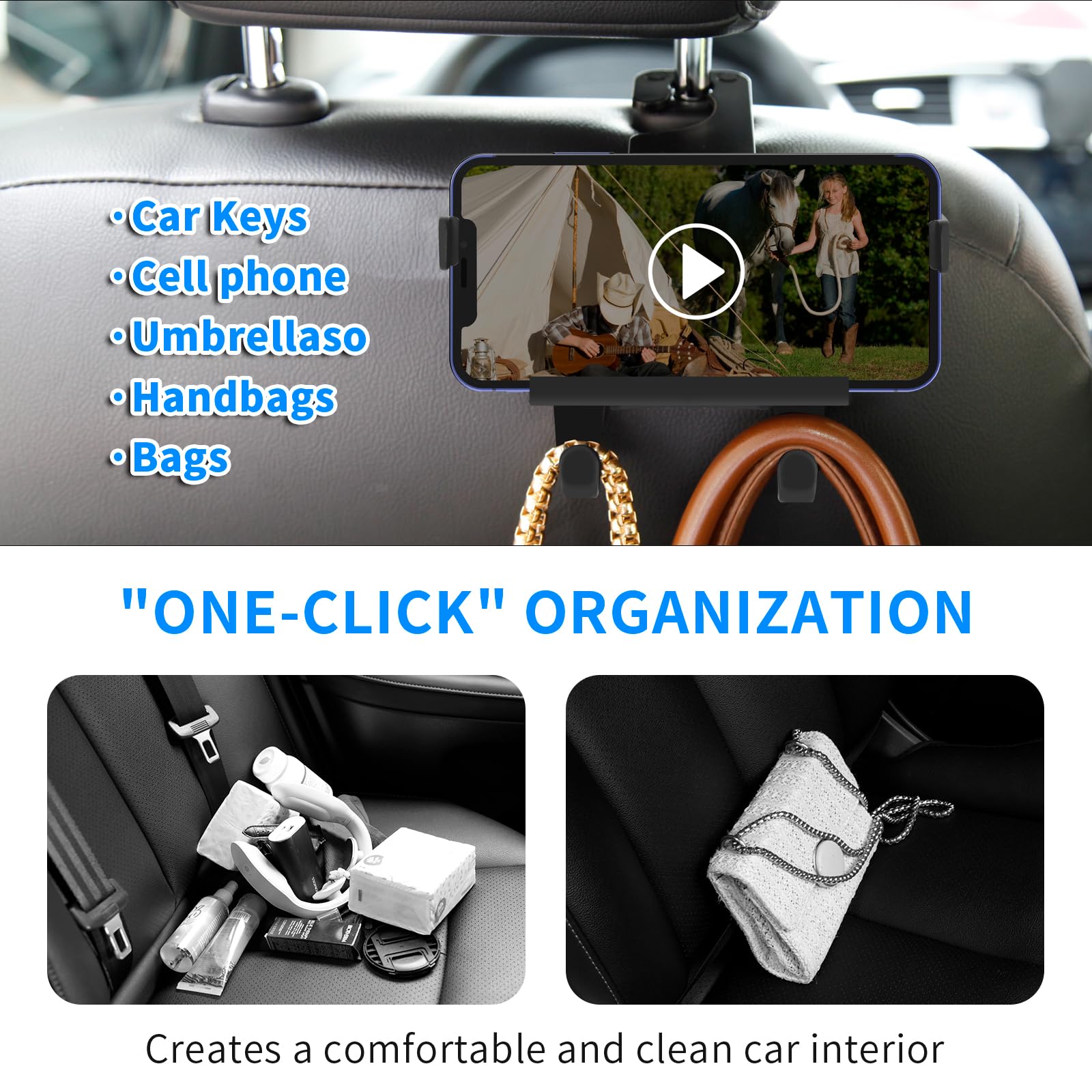 SunlightXS Upgraded Car Headrest Hidden Hook 2 in 1 Car Seat Hooks with Phone Holder for Purse, Hangers Vehicle Organizer ,Durab