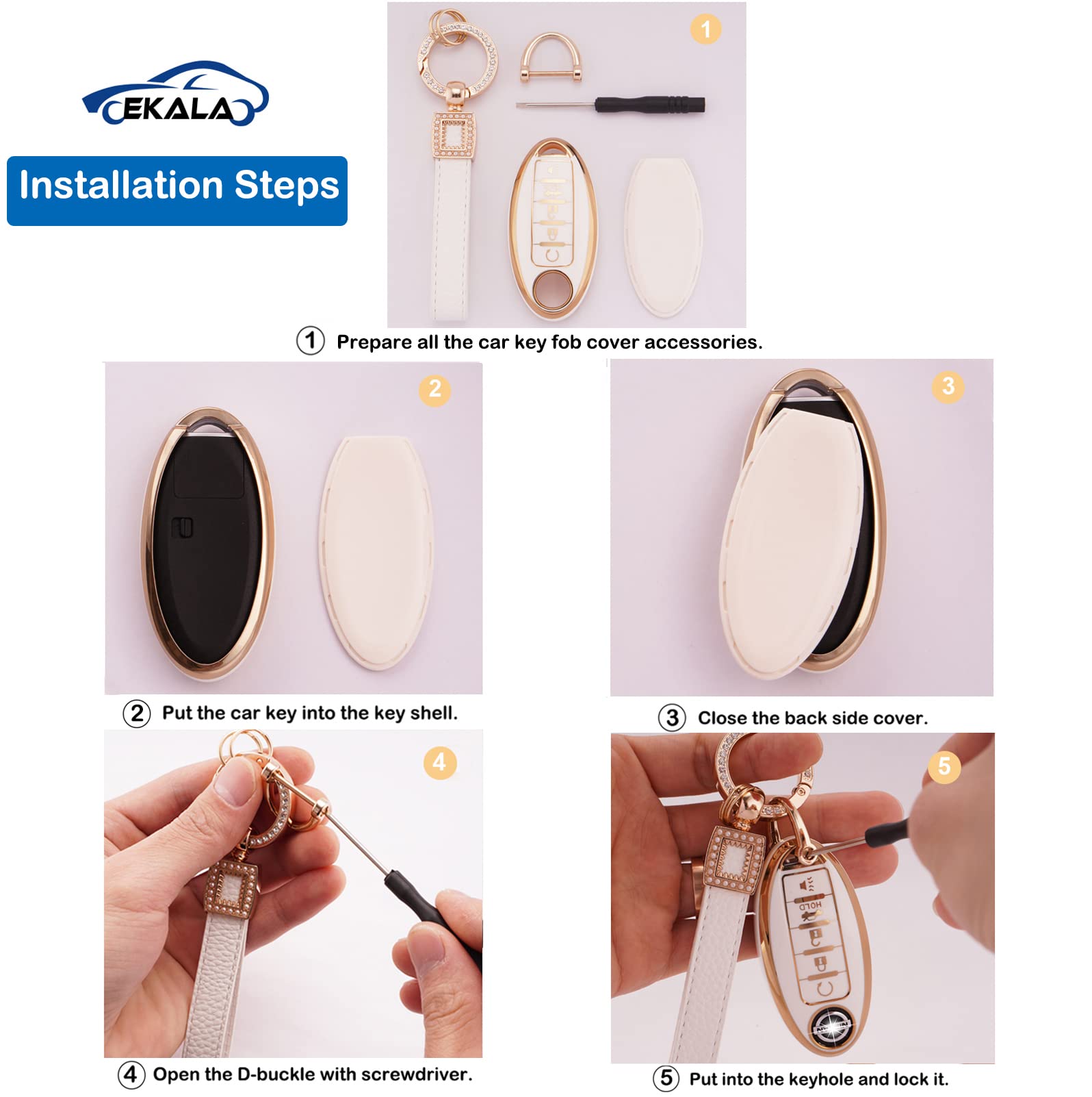 EKALA for Nissan Key Fob Cover 5 Buttons Soft TPU Full Covers Protection Key Case Shell with Leather Keychains Fit for Nissan Al