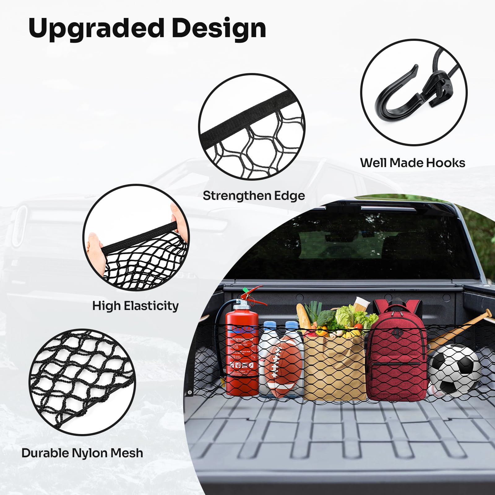 Canvcle Truck Bed Cargo Net for 2022-2025 Rivian R1T/R1S Accessories Envelope Style Mesh Trunk Net Organizer and Storage Stretch