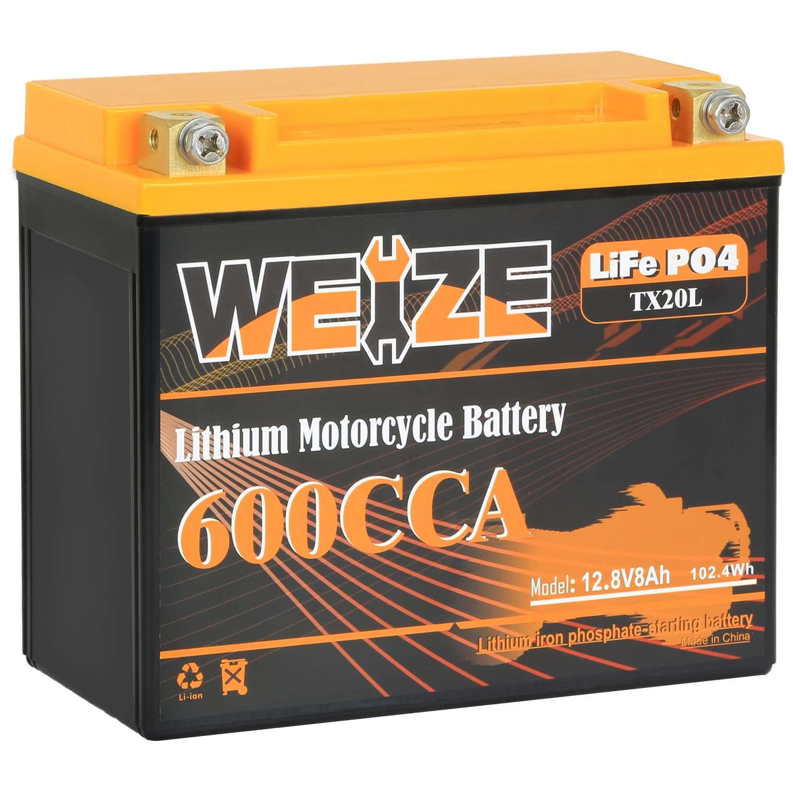 Weize Lithium Ytx20L-Bs, Group 20, 600A Lifepo4 Motorcycle Battery, 12V 8Ah Atv, Utv, Jet Ski, 4 Wheeler, Snowmobile, Personal W