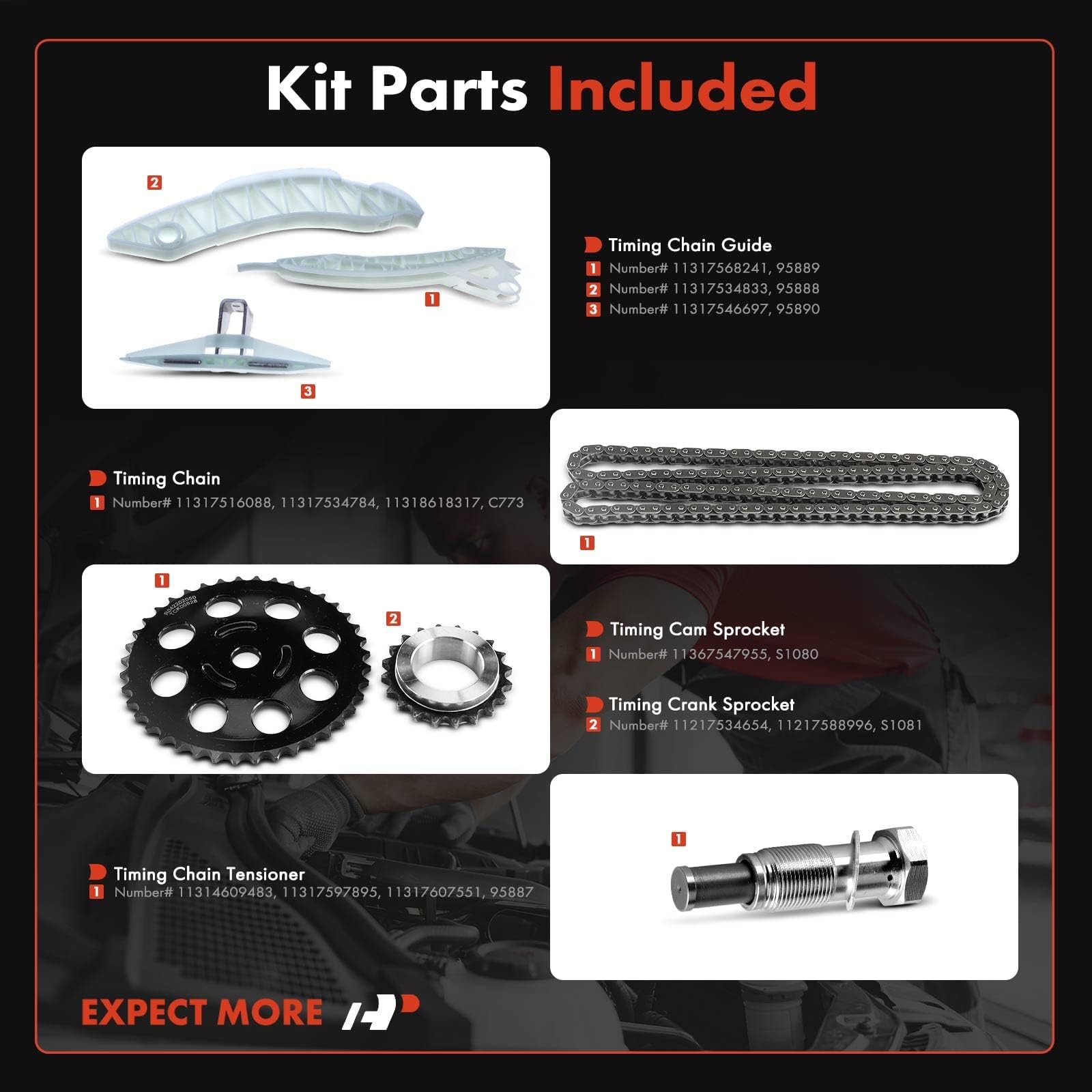 A-Premium Engine Timing Chain Kit W/Tensioner & More [Fits Dohc, 4Cyl 1.6L] Compatible With Mini Cooper [R56 Series] 2007-2012, Turbo, Replace# 11314609483, 11317534833, 11317516088, 11217534654