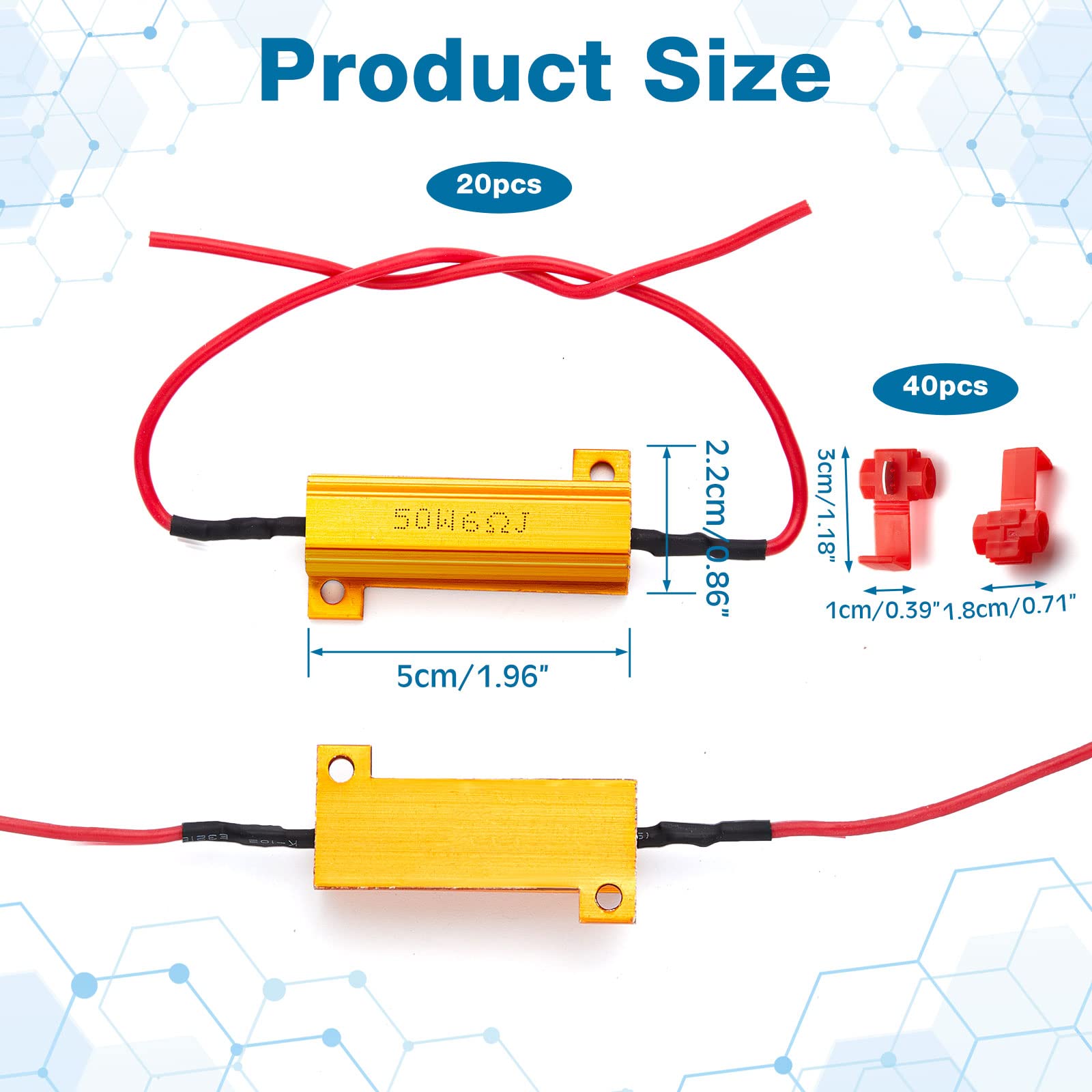 Xuhal 20 Pack 50W 6Ohm Load Resistor Turn Signal Led Resistor Kit Fix Fast Flash Blink Error Code Flickering Led Light Resistor For Led Lights Bulb Headlights Tail Light License Plate Lights Drl(Gold)