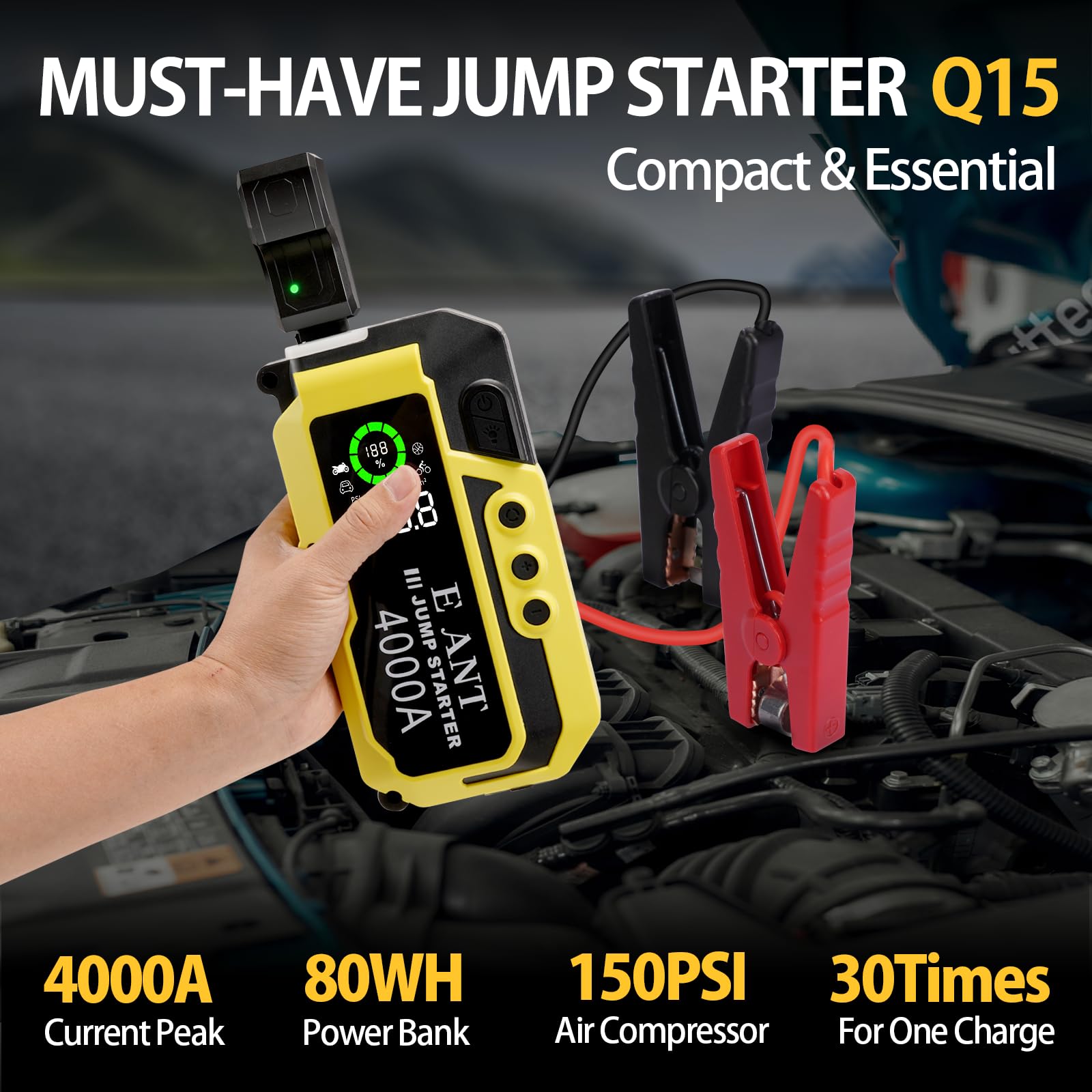 E-Ant Car Jump Starter With Air Compressor(10L Gas/8L Diesel), 4000A Peak 12V Auto Battery Jump Pack, Power Bank Usb Qc3.0 Outputs Portable Battery Booster Pack Jumper Box Tire Inflator 150Psi, Yellow