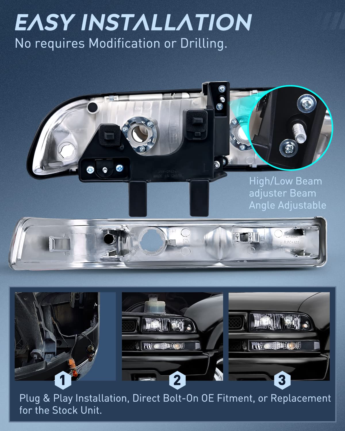 Nilight Headlight Assembly for 1998 1999 2000 2001 2002 2003 2004 2005 Chevy Blazer Headlights 1998-2004 Chevrolet S10 Pickup Replacement Headlamp Housing Bumper Lights, 2 Years Warranty