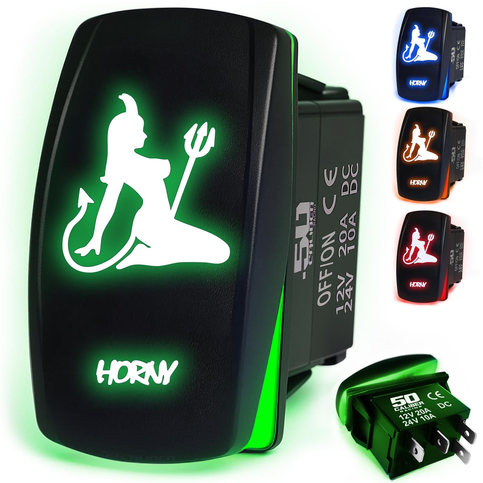 50 Caliber Racing Rocker Switch Momentary/Off Led Backlit -Horny- Utv, Auto, Boat 20A 12V (5359A44 Green)