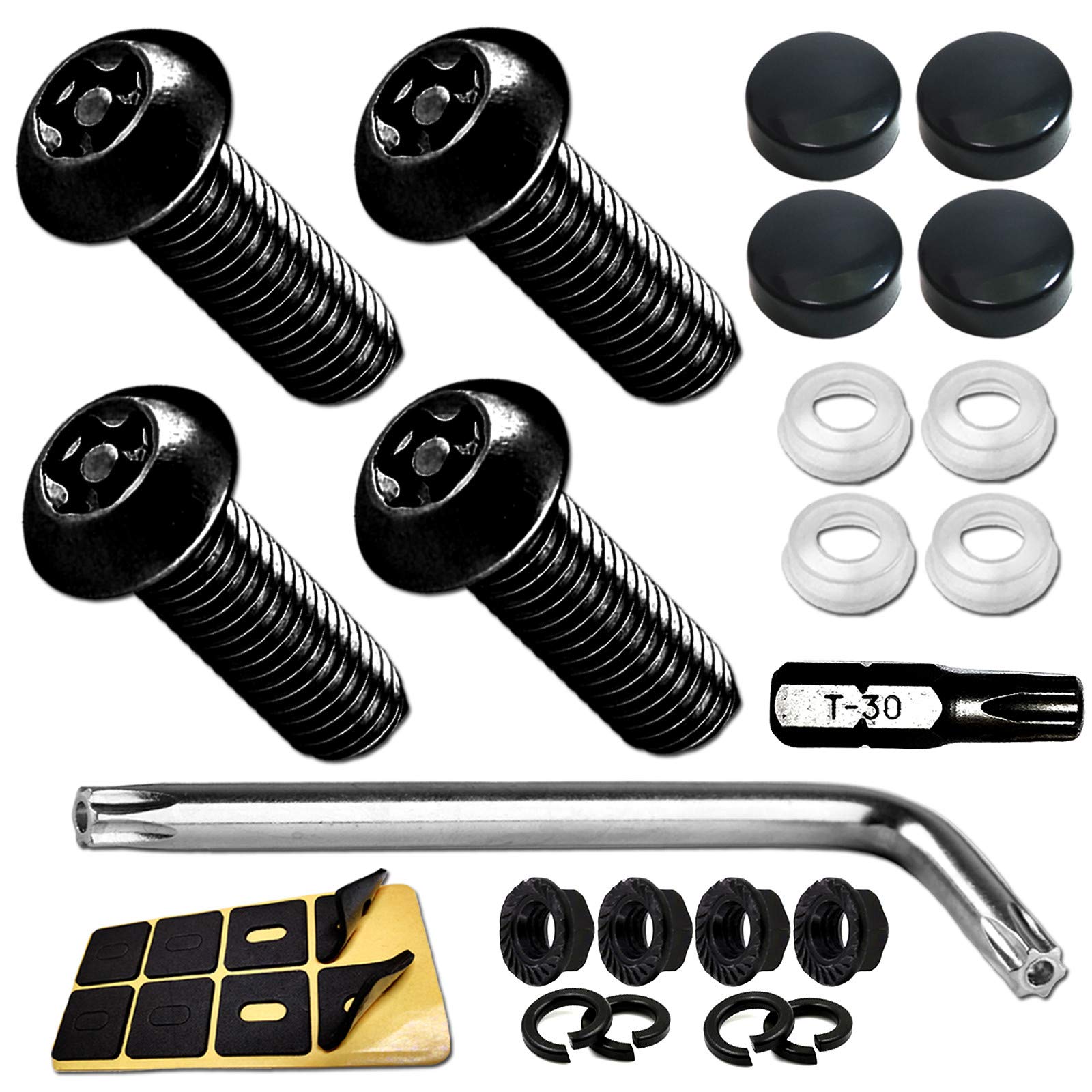 Aootf Anti Theft License Plate Screws- Black Screws For Locking Car Tag, Frame And Cover, Mounting Hardware Kit For Front/Rear, M6 Stainless Steel Screws, Caps, Fasteners Nuts, Rattle Proof Pads