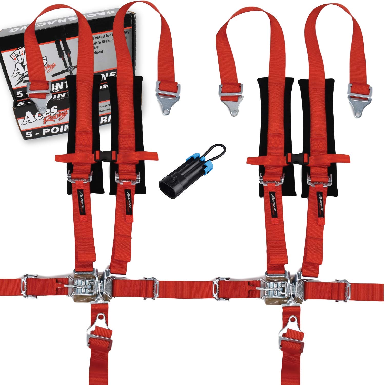 AAAA Aces Racing 5 Point Harness (Pair) for Polaris RZR With Seat Belt Bypass (Red, 5 Point)