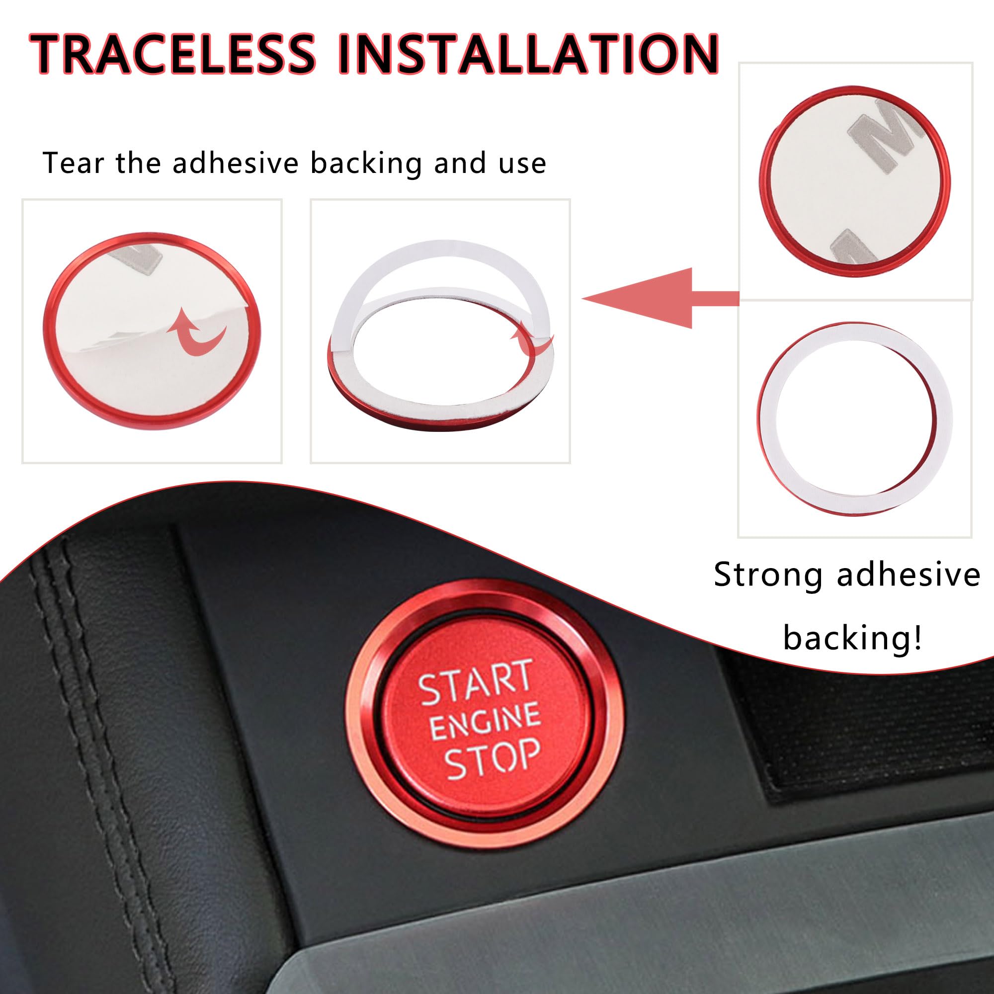Aokdom Red Aluminum Car Push Start Button Cover with Metal Ring - Compatible with Audi, Cool Car Interior Accessory